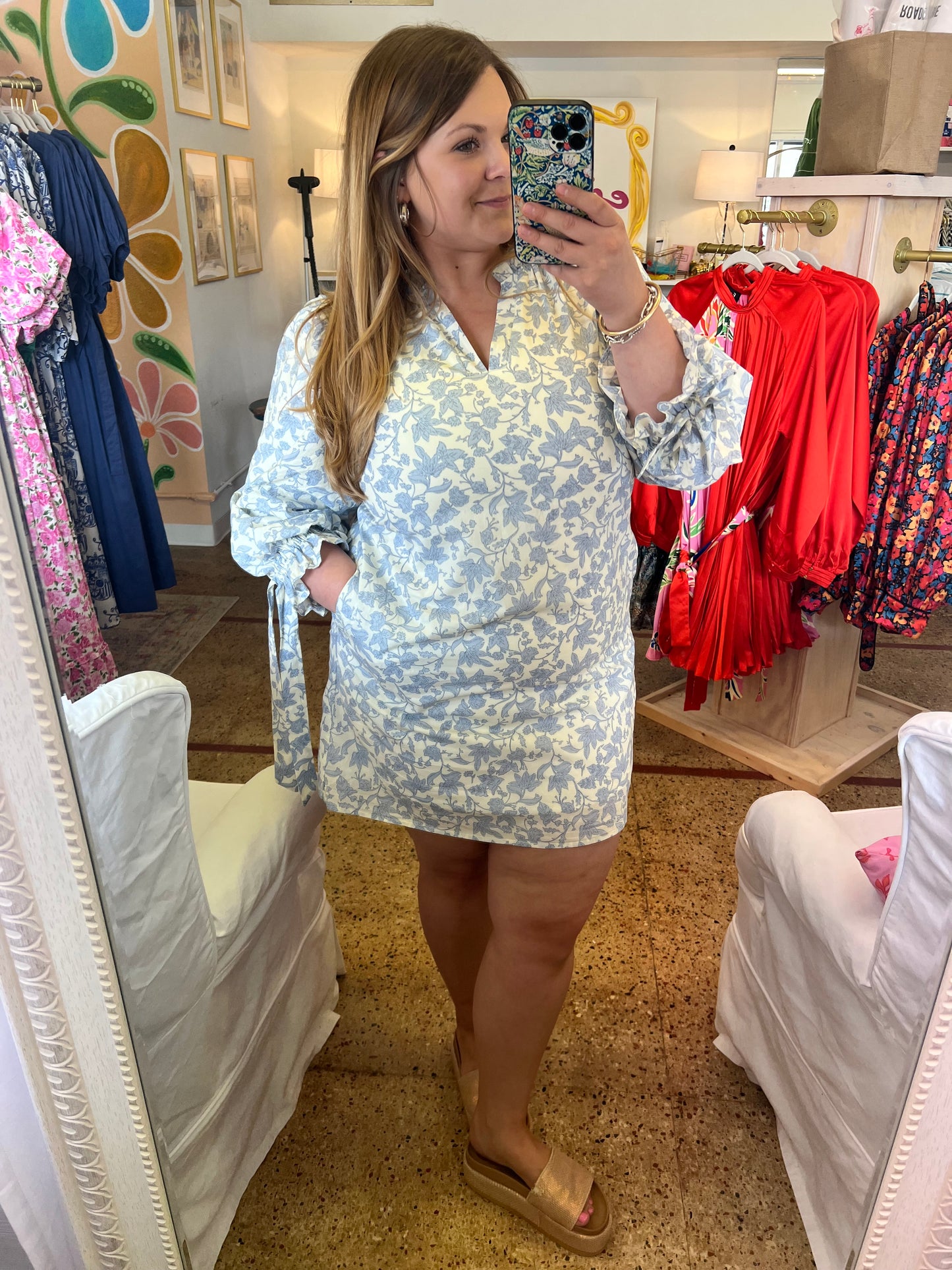 Ruffle Collar Bow Sleeve Dress Blue/Cream Floral