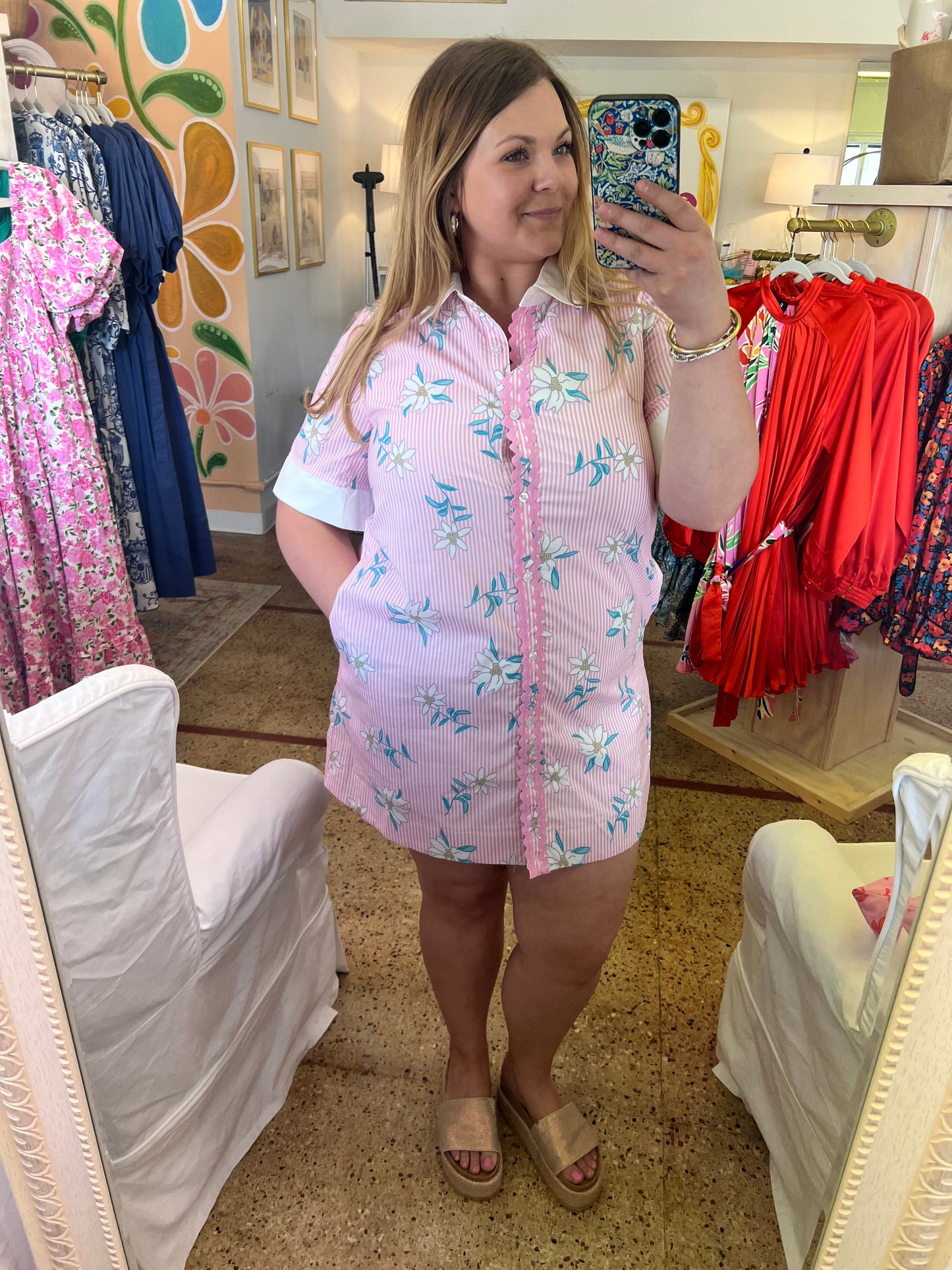 Pink Stripe Floral Mini Dress