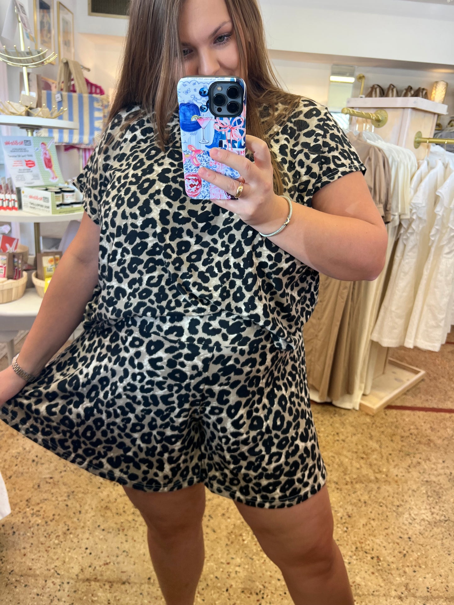Leopard Knit Top & Flare Shorts Set