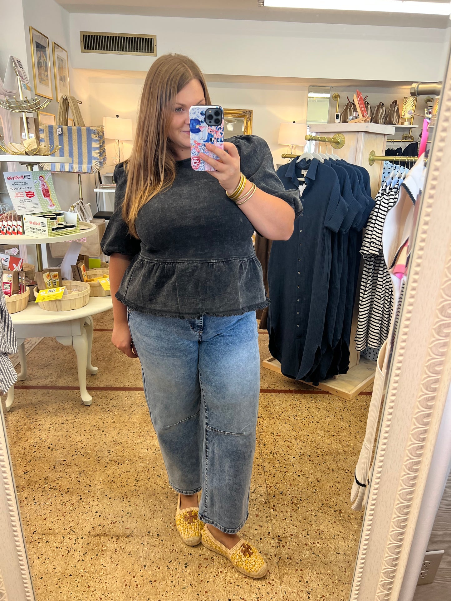 Stretch Denim Peplum Blouse