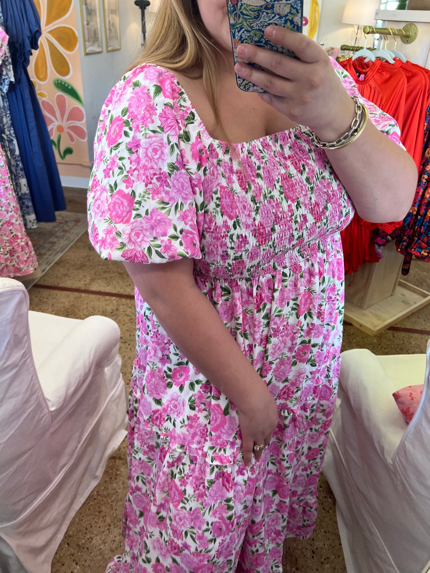 Plus Pink Floral Smocked Maxi