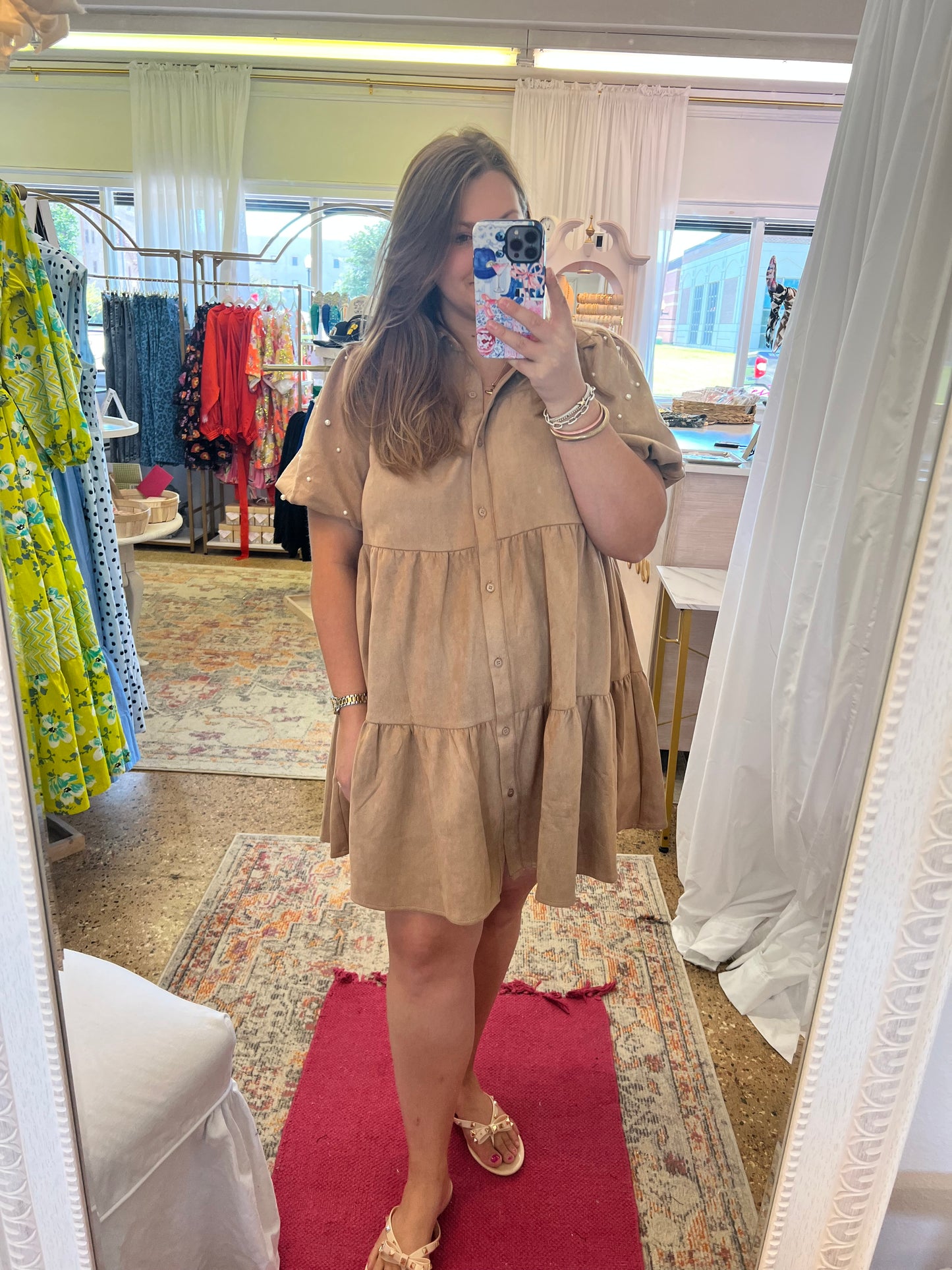 Suede Texture Pearl Sleeve Mini Dress
