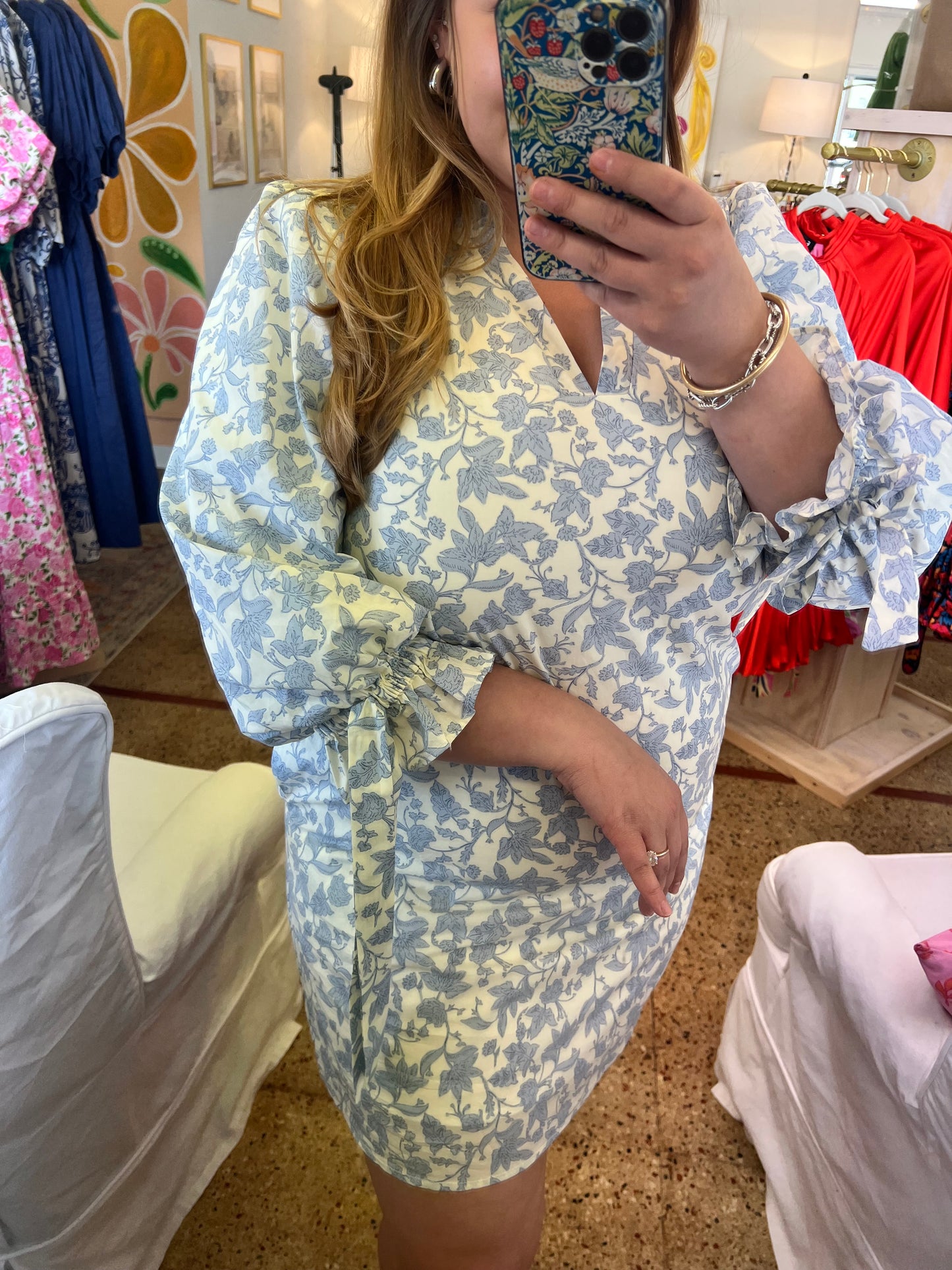 Ruffle Collar Bow Sleeve Dress Blue/Cream Floral