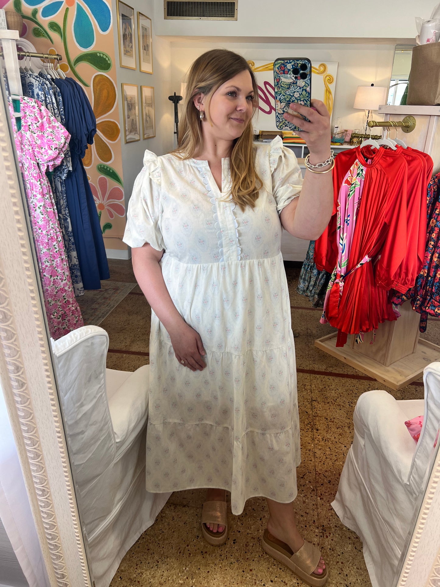 French Floral Scallop Trim Midi Dress