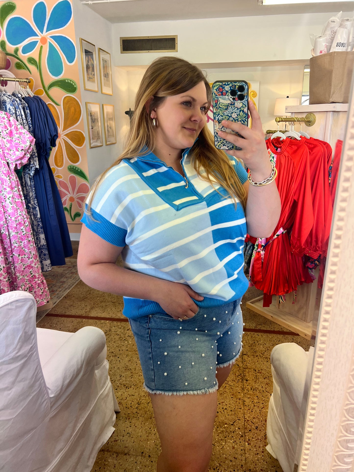 Blue Color Block Half Zip Top