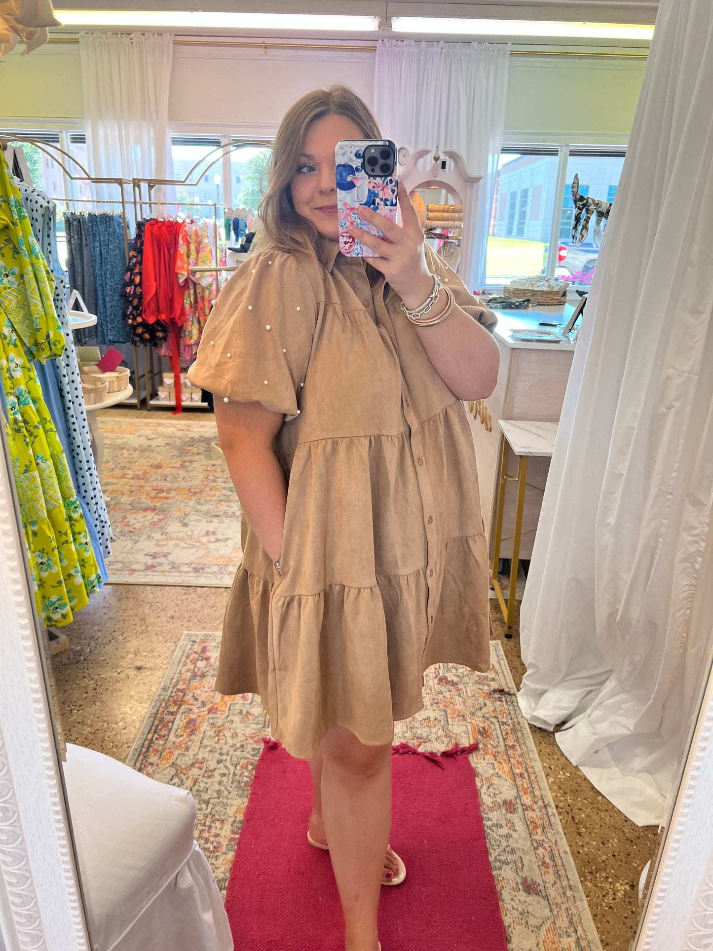 Suede Texture Pearl Sleeve Mini Dress