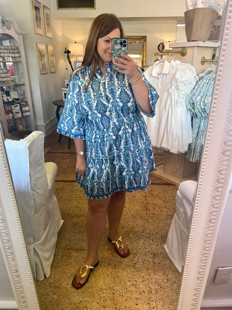 Navy Aqua Blue Ruffle Dress