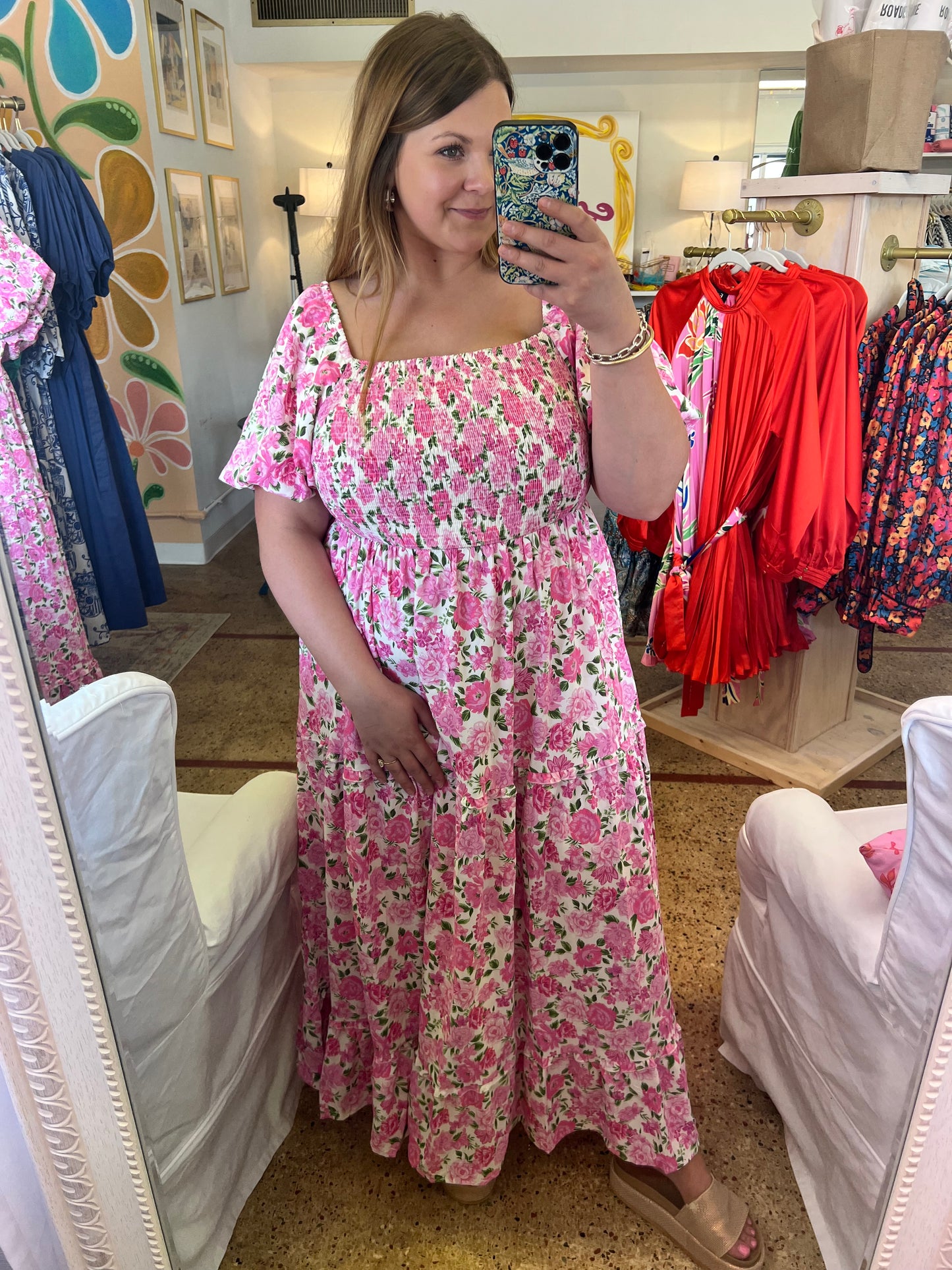 Plus Pink Floral Smocked Maxi