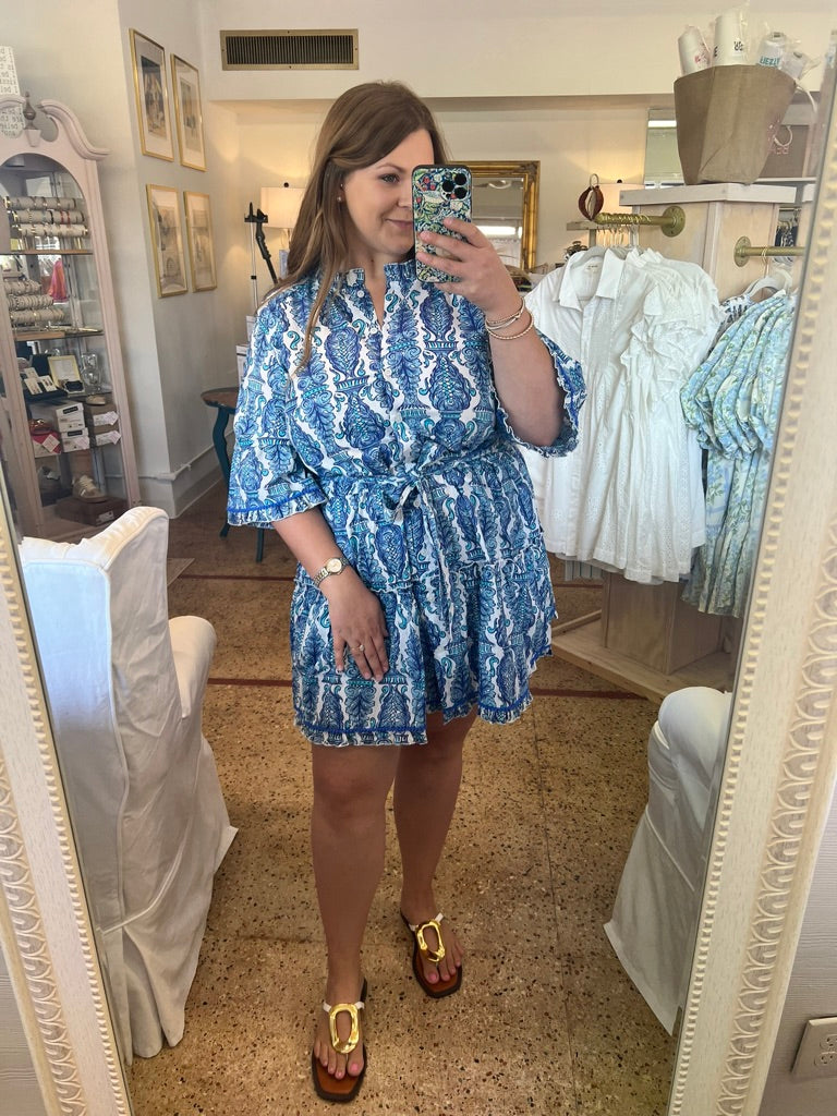 Navy Aqua Blue Ruffle Dress