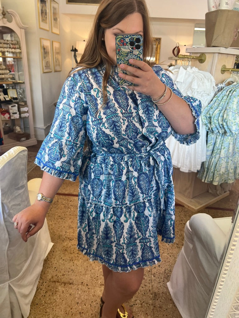 Navy Aqua Blue Ruffle Dress