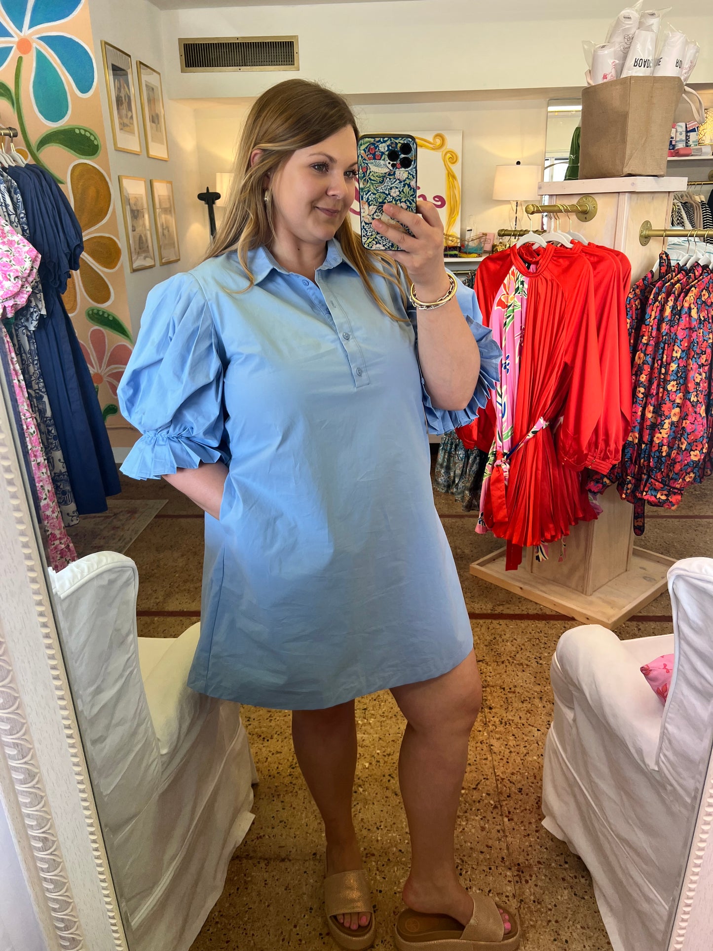 Poplin Pleated Sleeve Shirt Dress