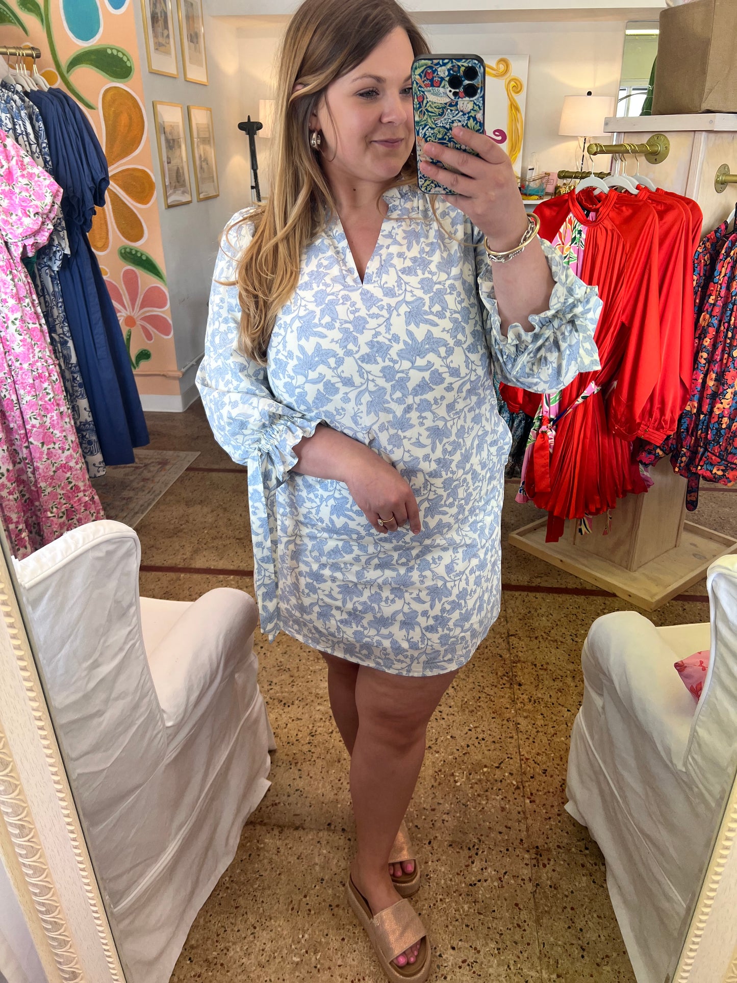 Ruffle Collar Bow Sleeve Dress Blue/Cream Floral