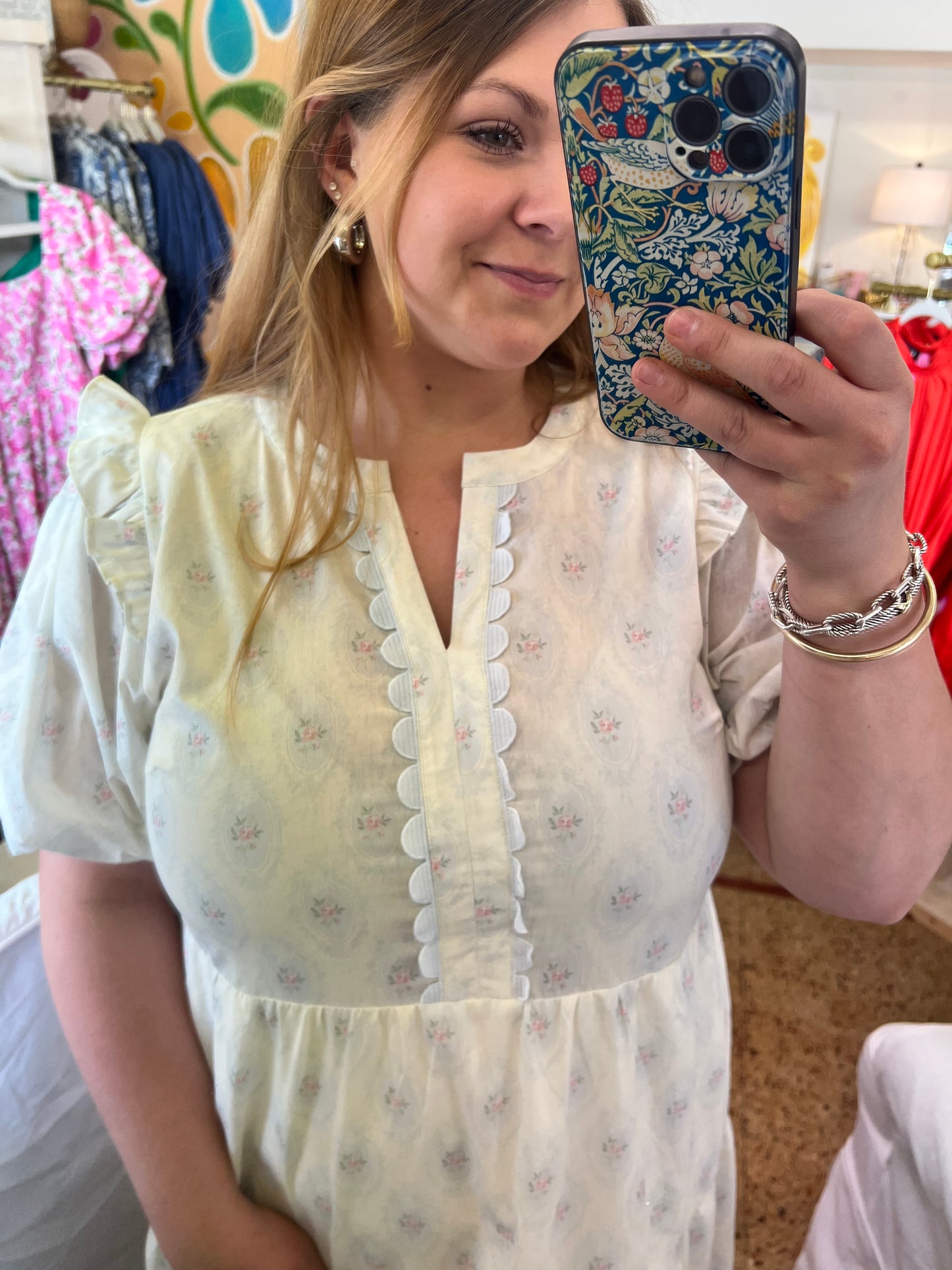 French Floral Scallop Trim Midi Dress