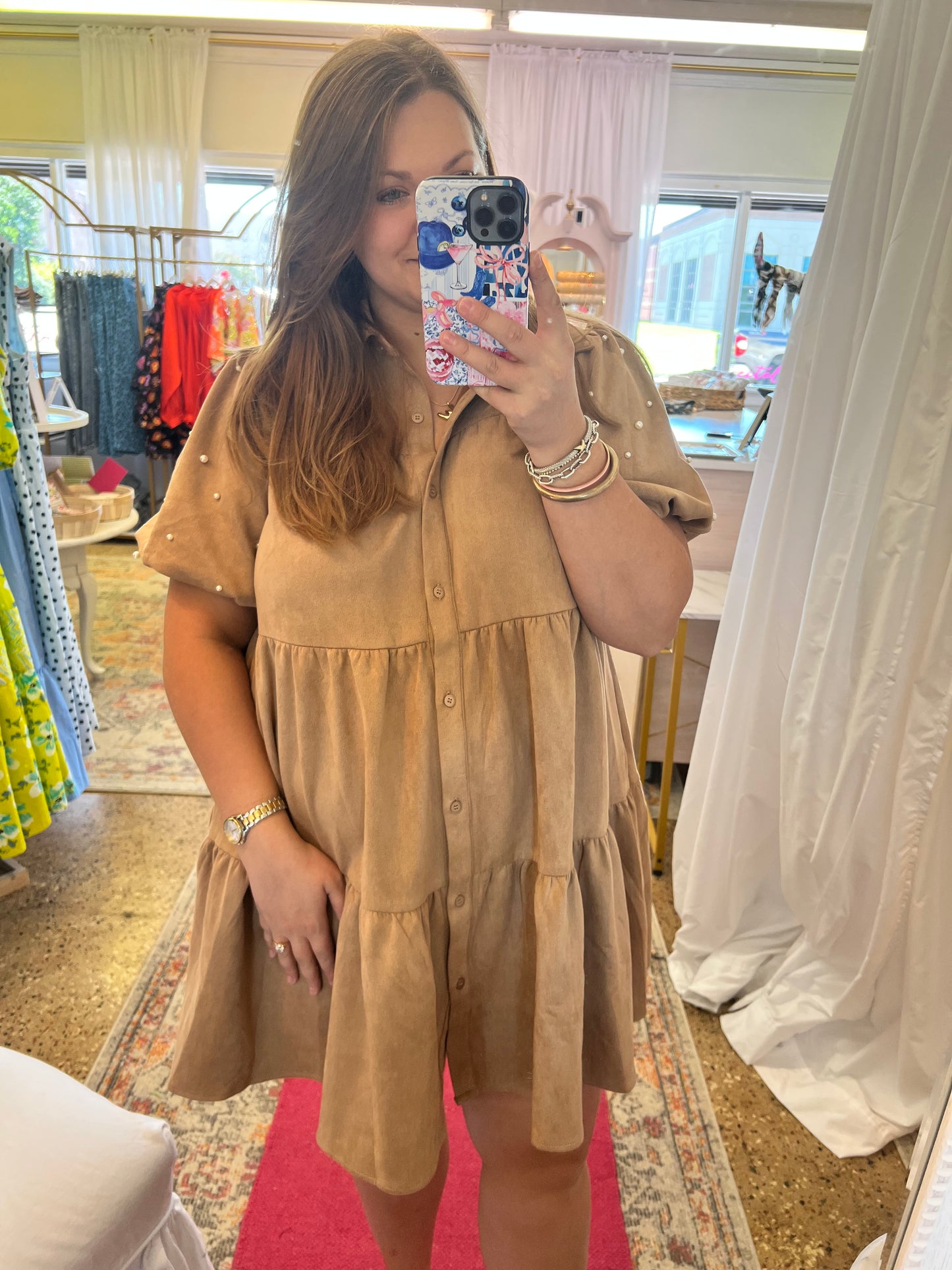 Suede Texture Pearl Sleeve Mini Dress