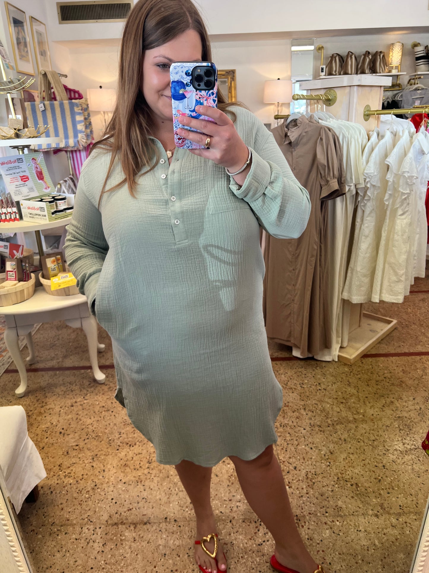 Sage Gauze Button Up Shirt Dress