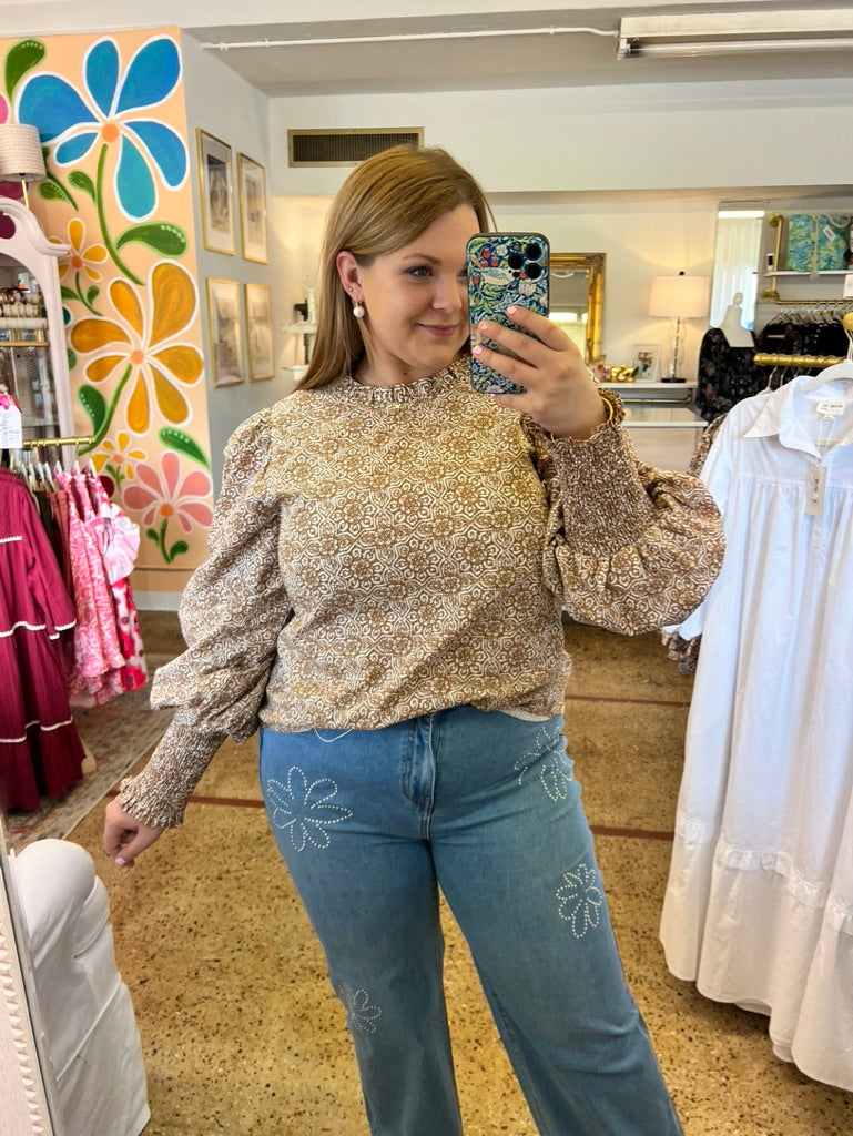 Floral Smocked Cuff Blouse