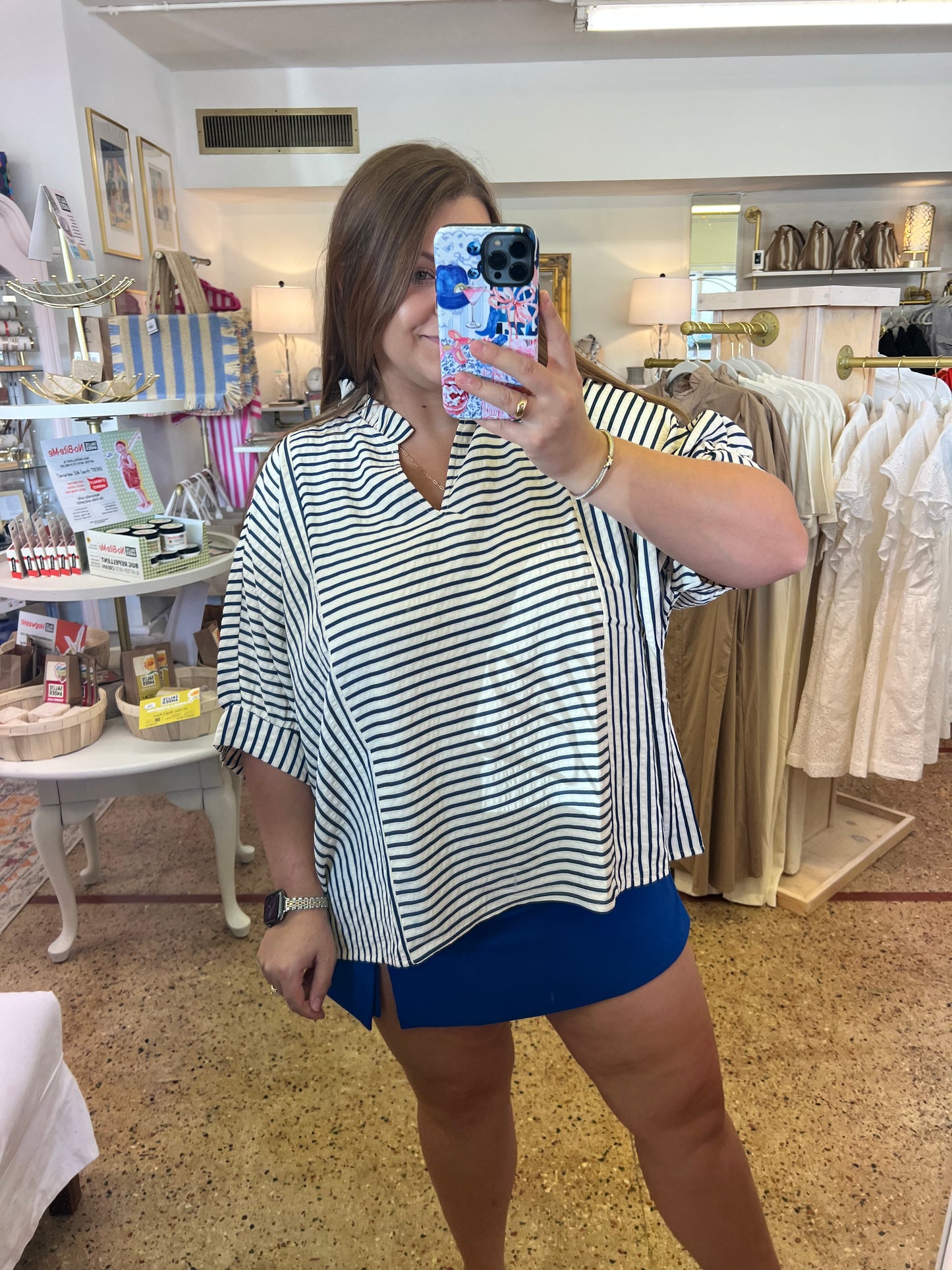 Stripe Ruffle Neck Blouse
