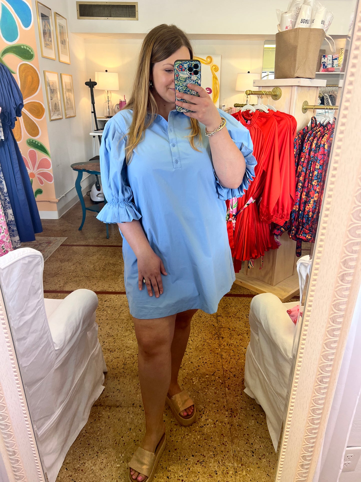 Poplin Pleated Sleeve Shirt Dress