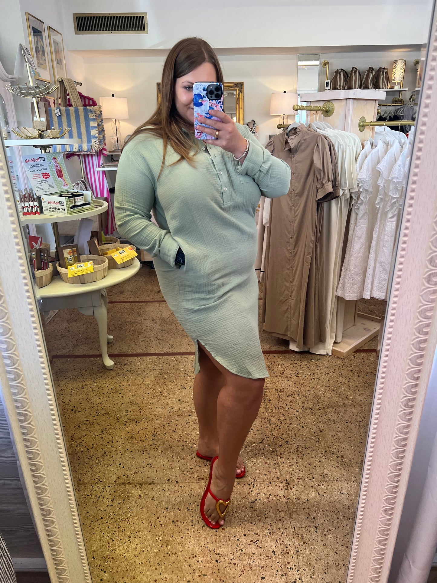 Sage Gauze Button Up Shirt Dress