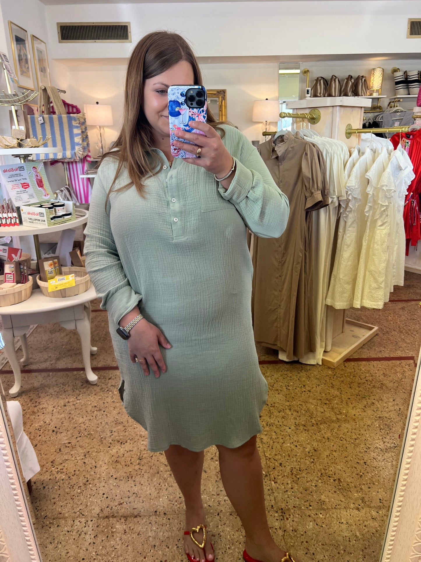 Sage Gauze Button Up Shirt Dress