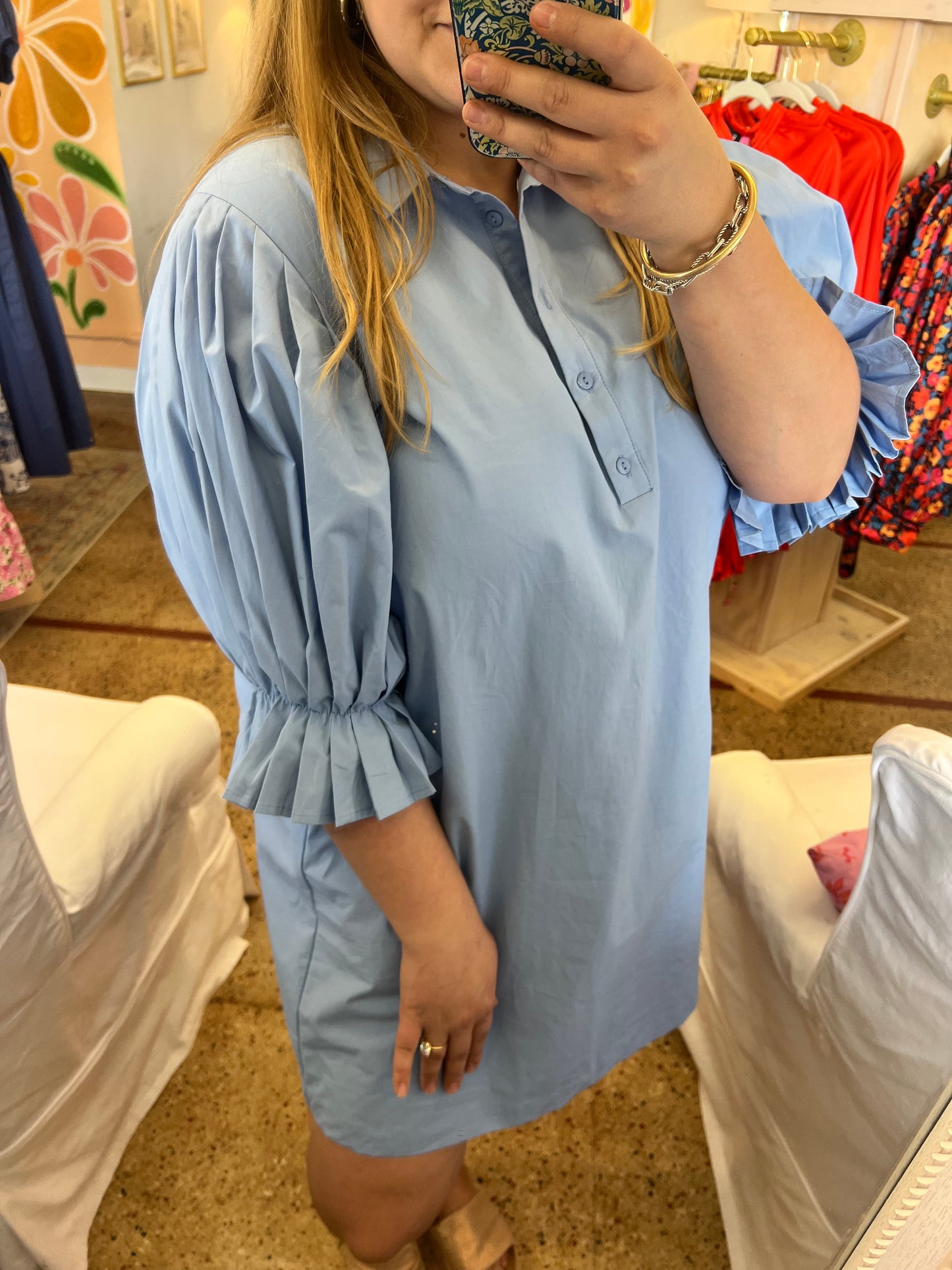 Poplin Pleated Sleeve Shirt Dress