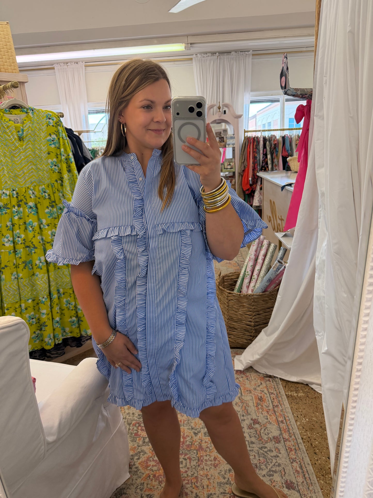 Ruffle Pinstripe Mini Dress