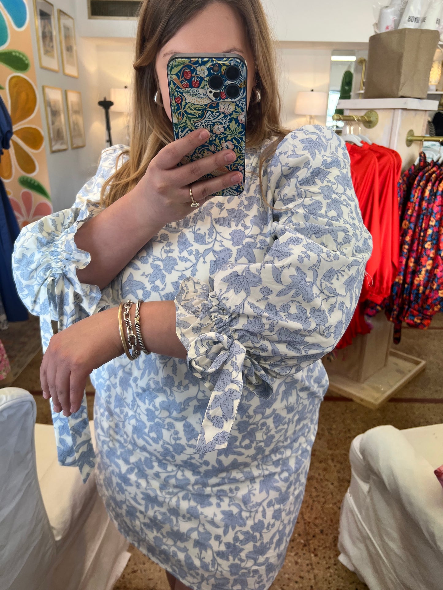 Ruffle Collar Bow Sleeve Dress Blue/Cream Floral