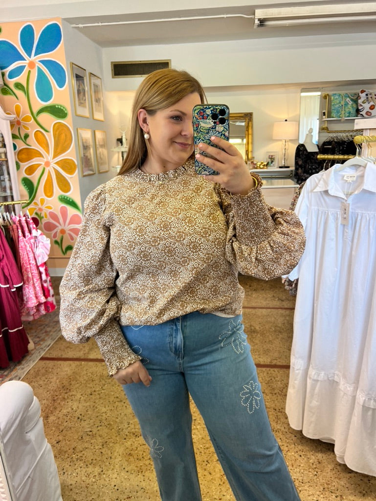Floral Smocked Cuff Blouse
