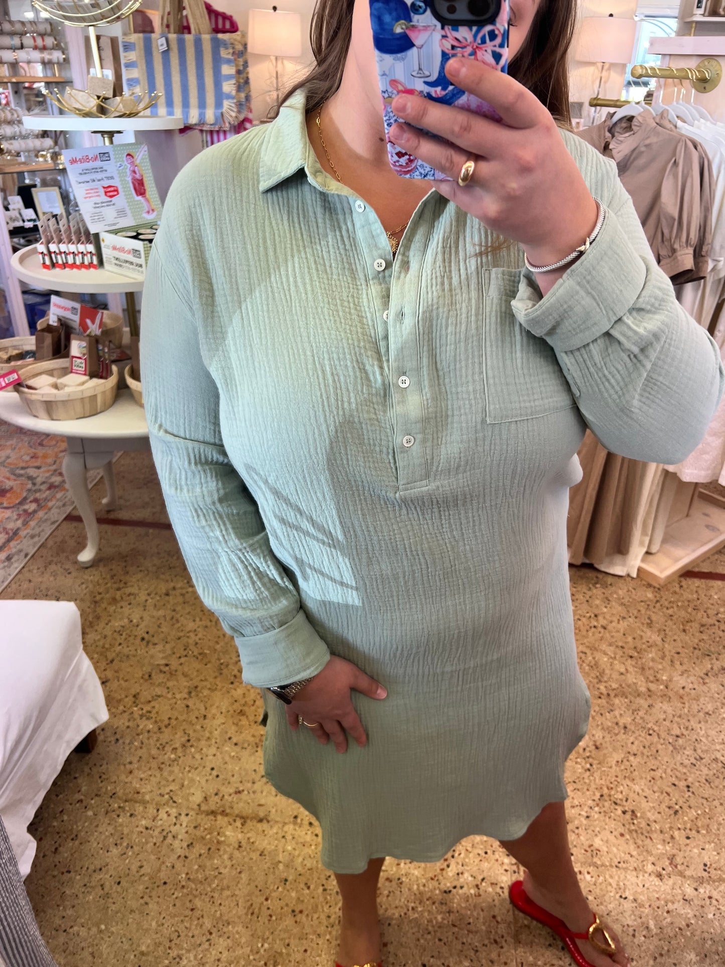 Sage Gauze Button Up Shirt Dress