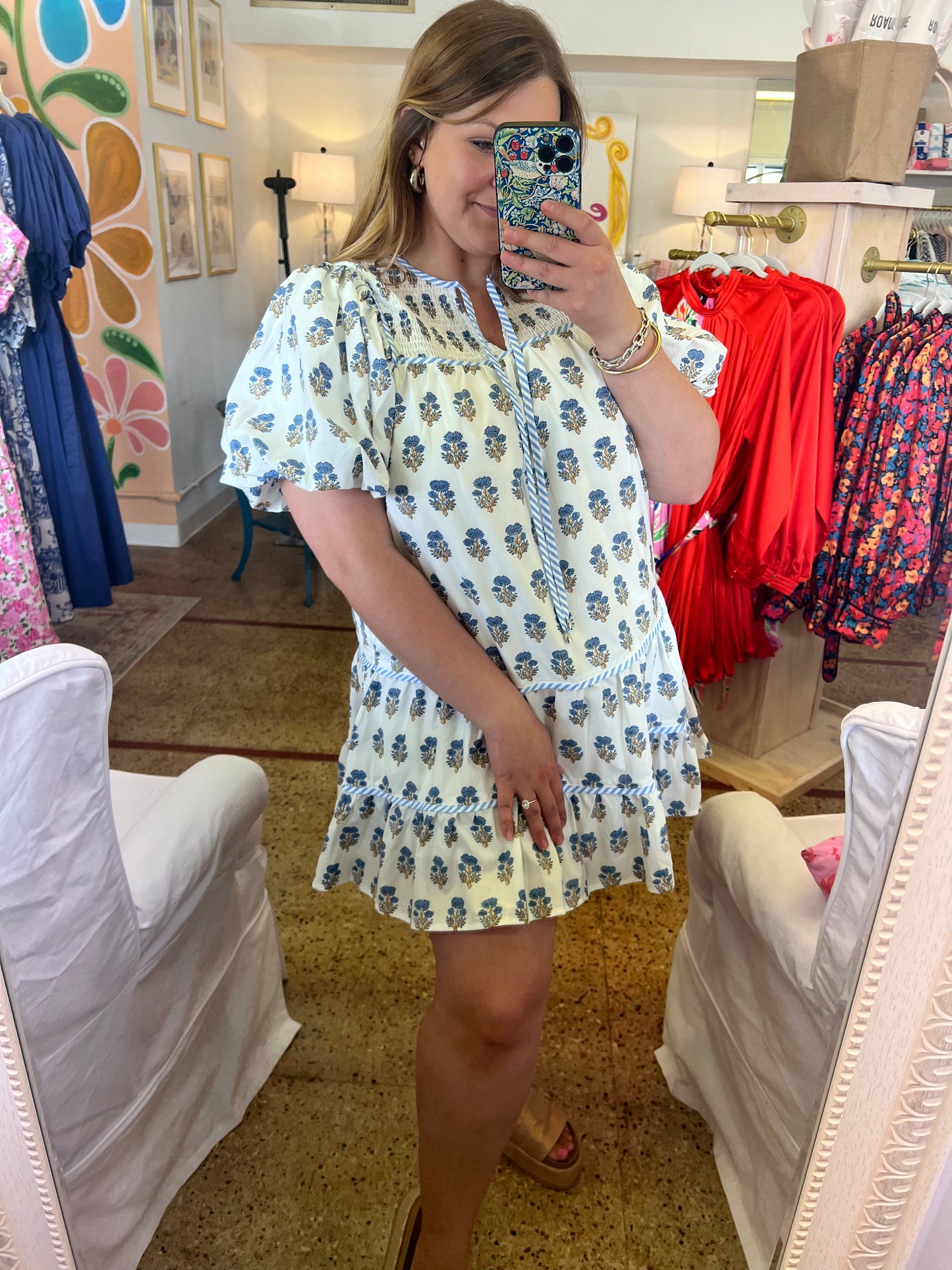 Smocked Yoke Dress Blue Flowers