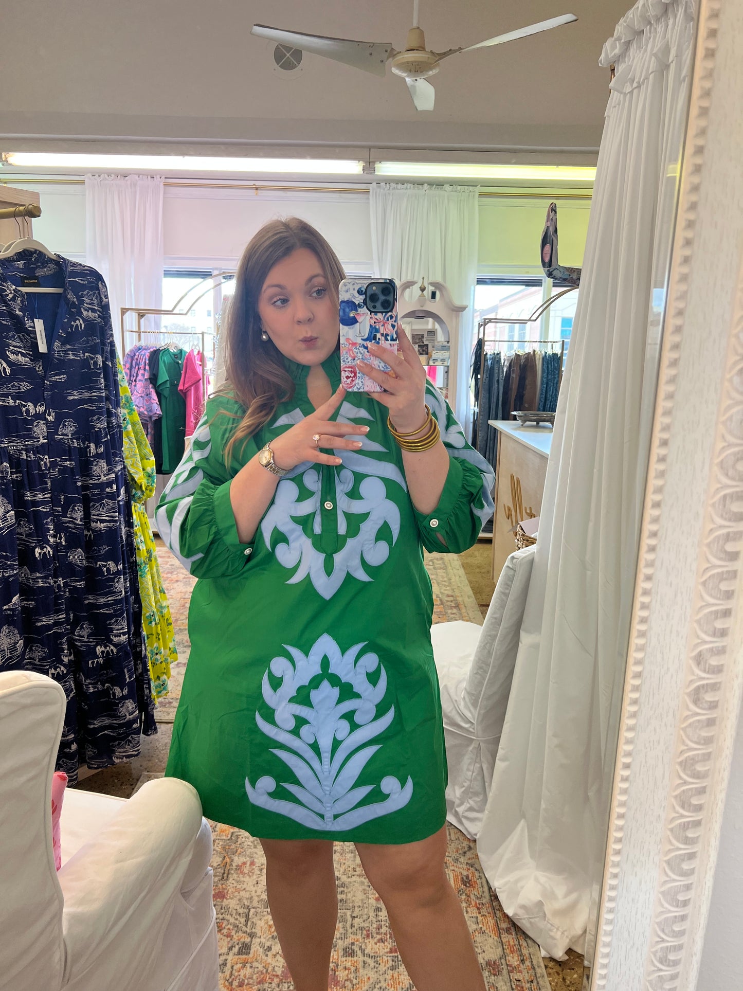 Baroque Floral Applique Dress-Kelly Green