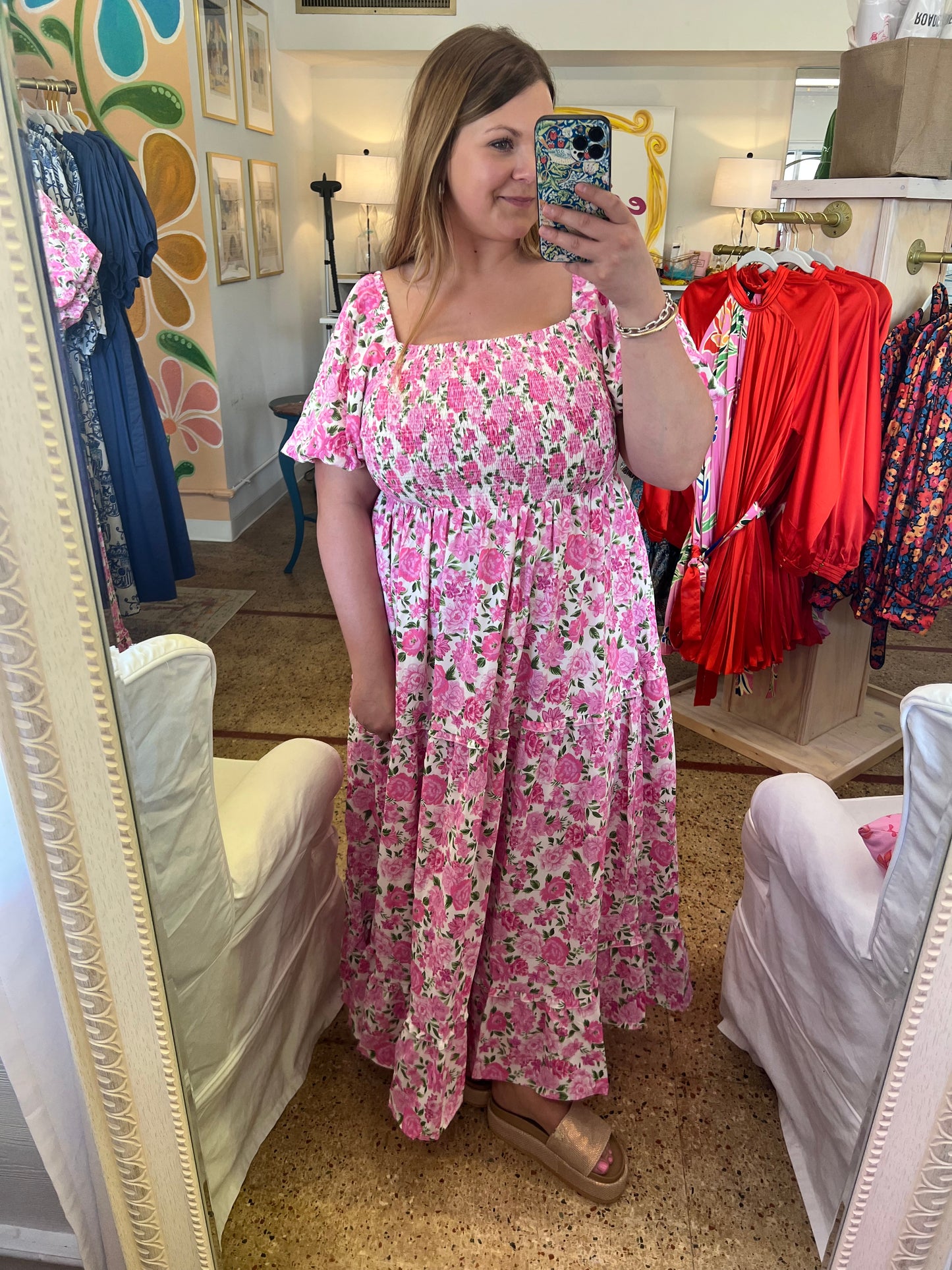 Plus Pink Floral Smocked Maxi