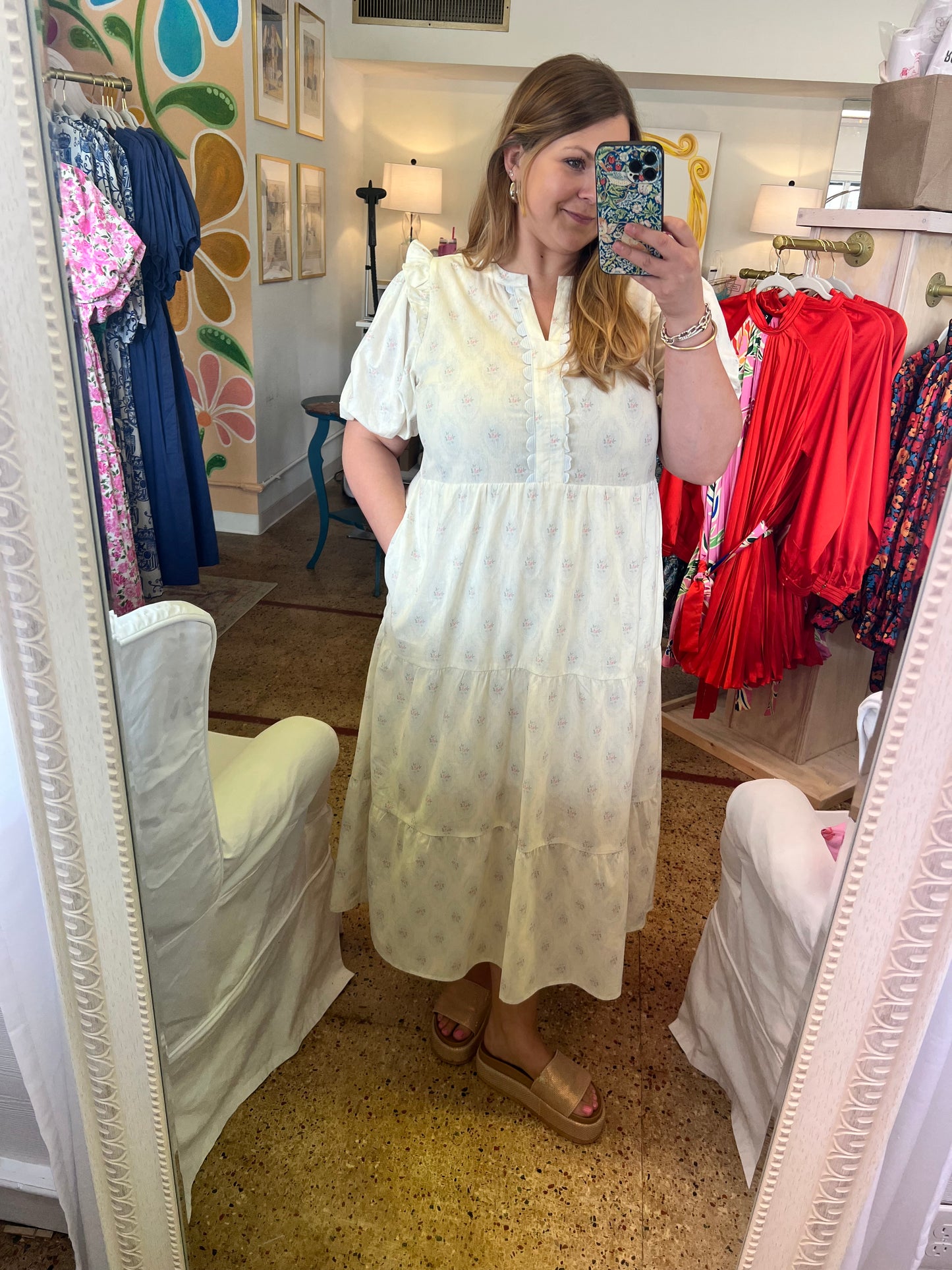 French Floral Scallop Trim Midi Dress