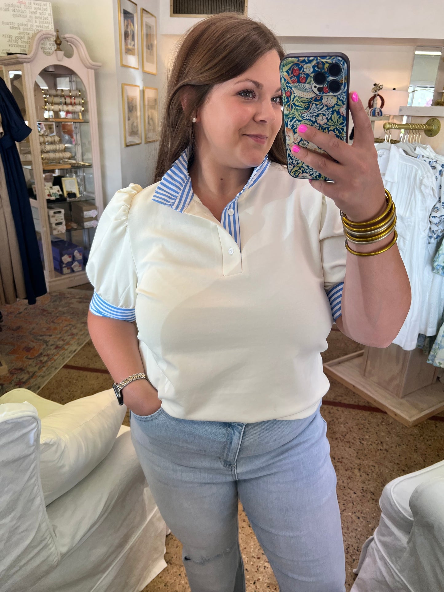 Cream & Stripe Polo Top