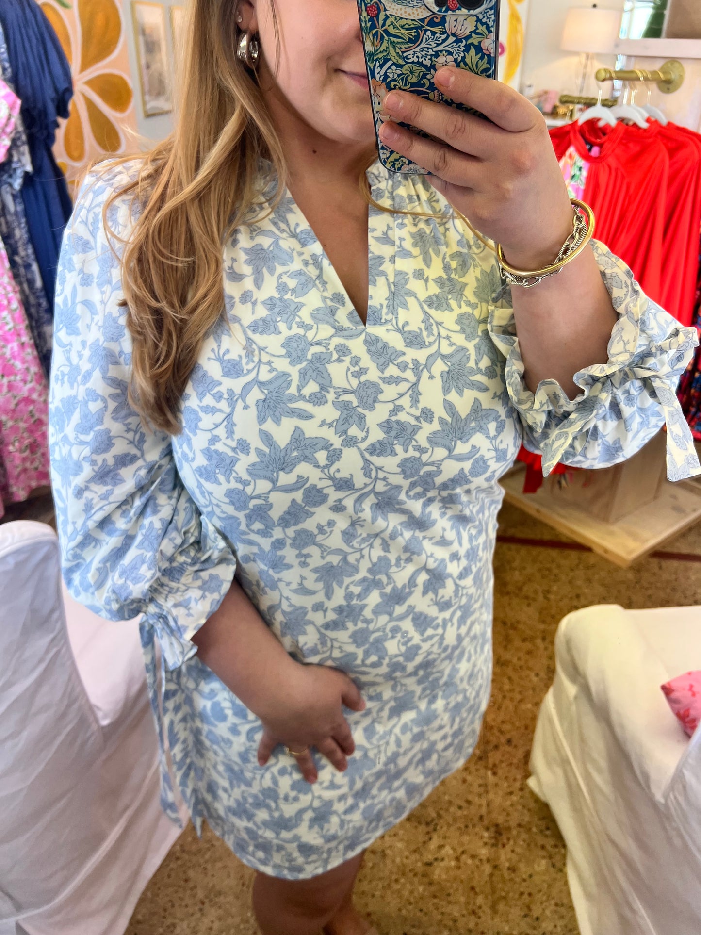 Ruffle Collar Bow Sleeve Dress Blue/Cream Floral