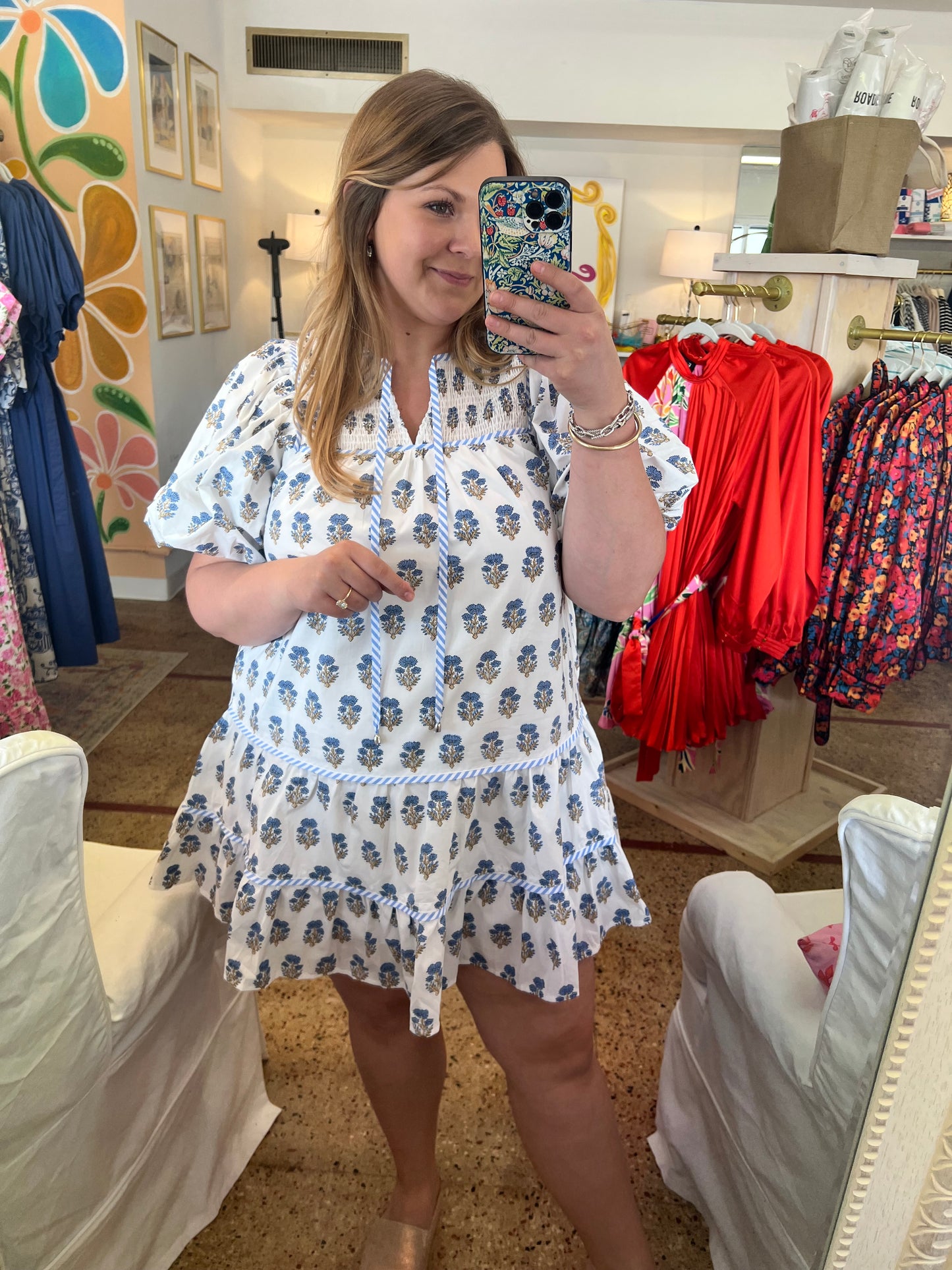 Smocked Yoke Dress Blue Flowers