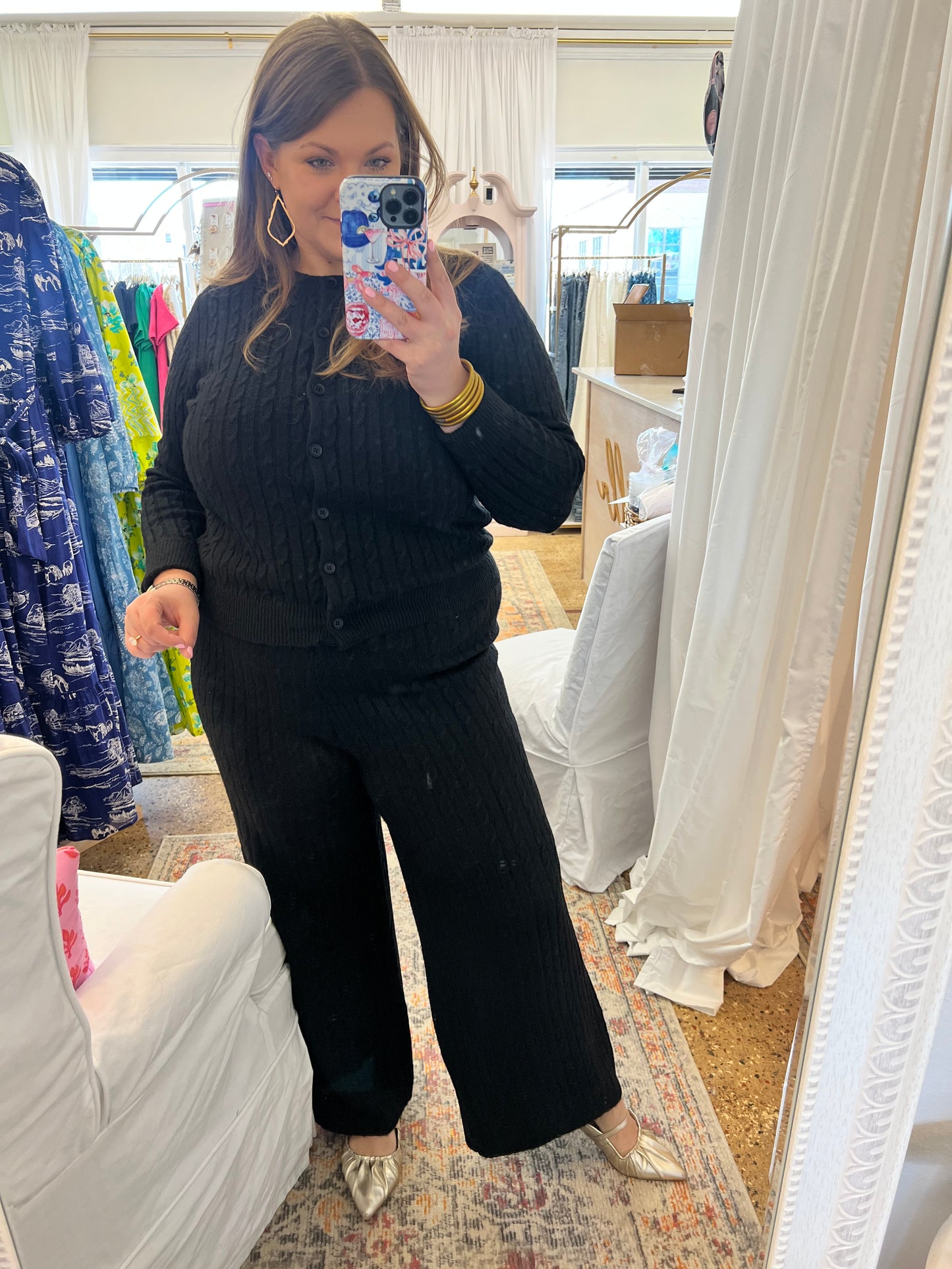 Black Cable Knit Cardigan Pant Set