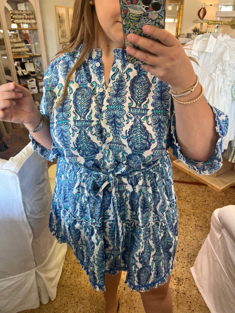 Navy Aqua Blue Ruffle Dress