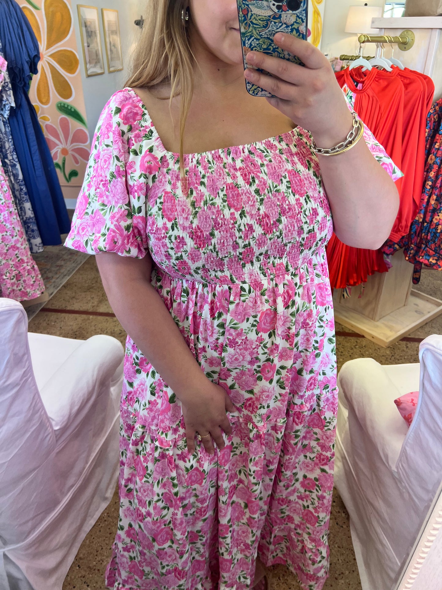 Plus Pink Floral Smocked Maxi