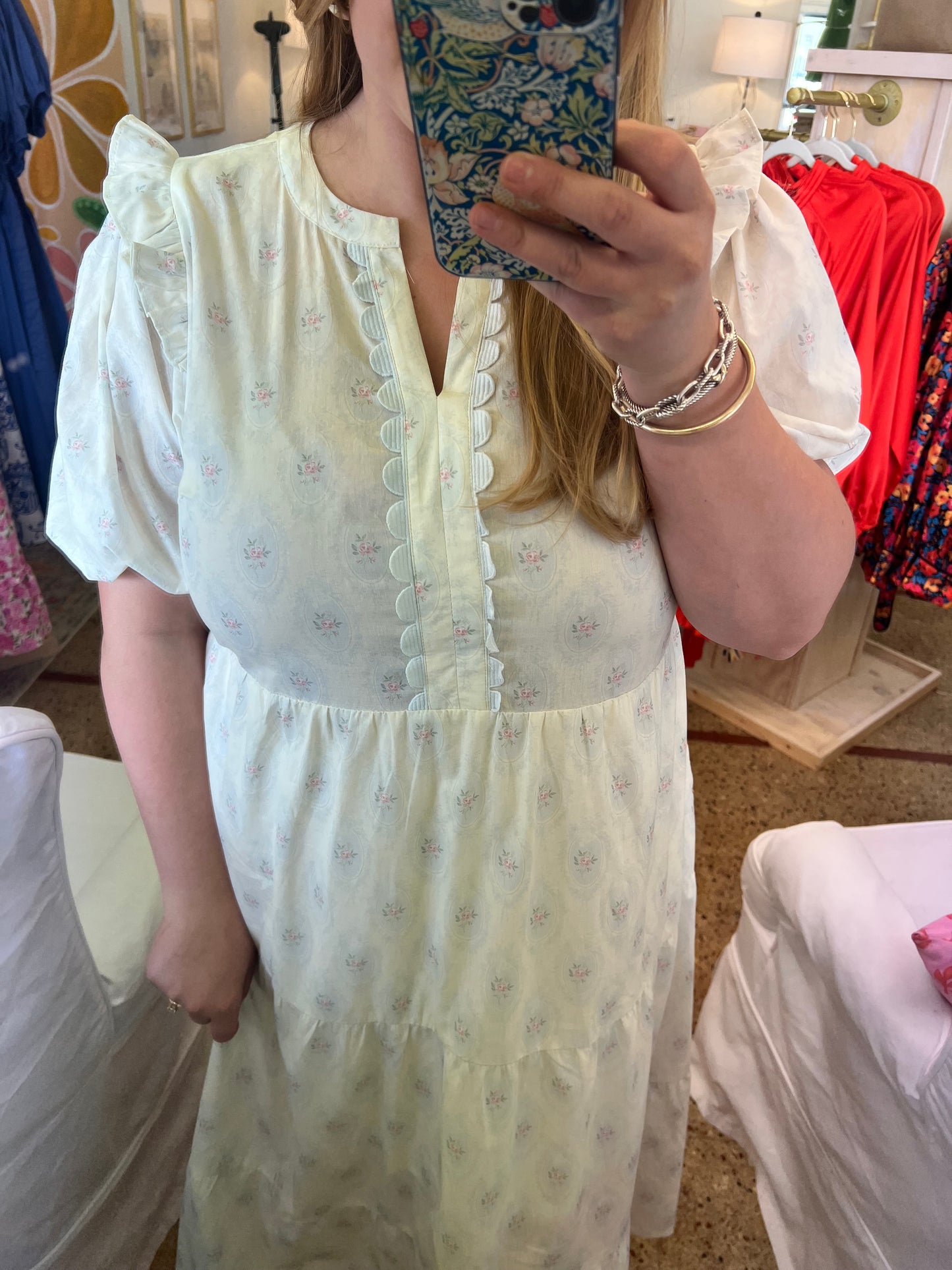 French Floral Scallop Trim Midi Dress