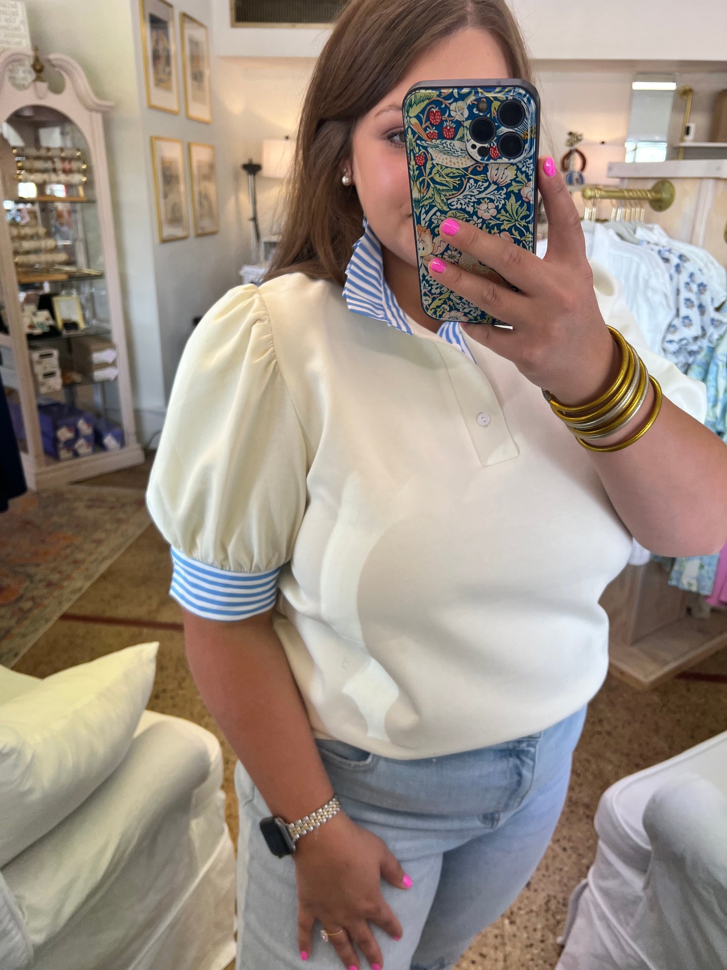 Cream & Stripe Polo Top