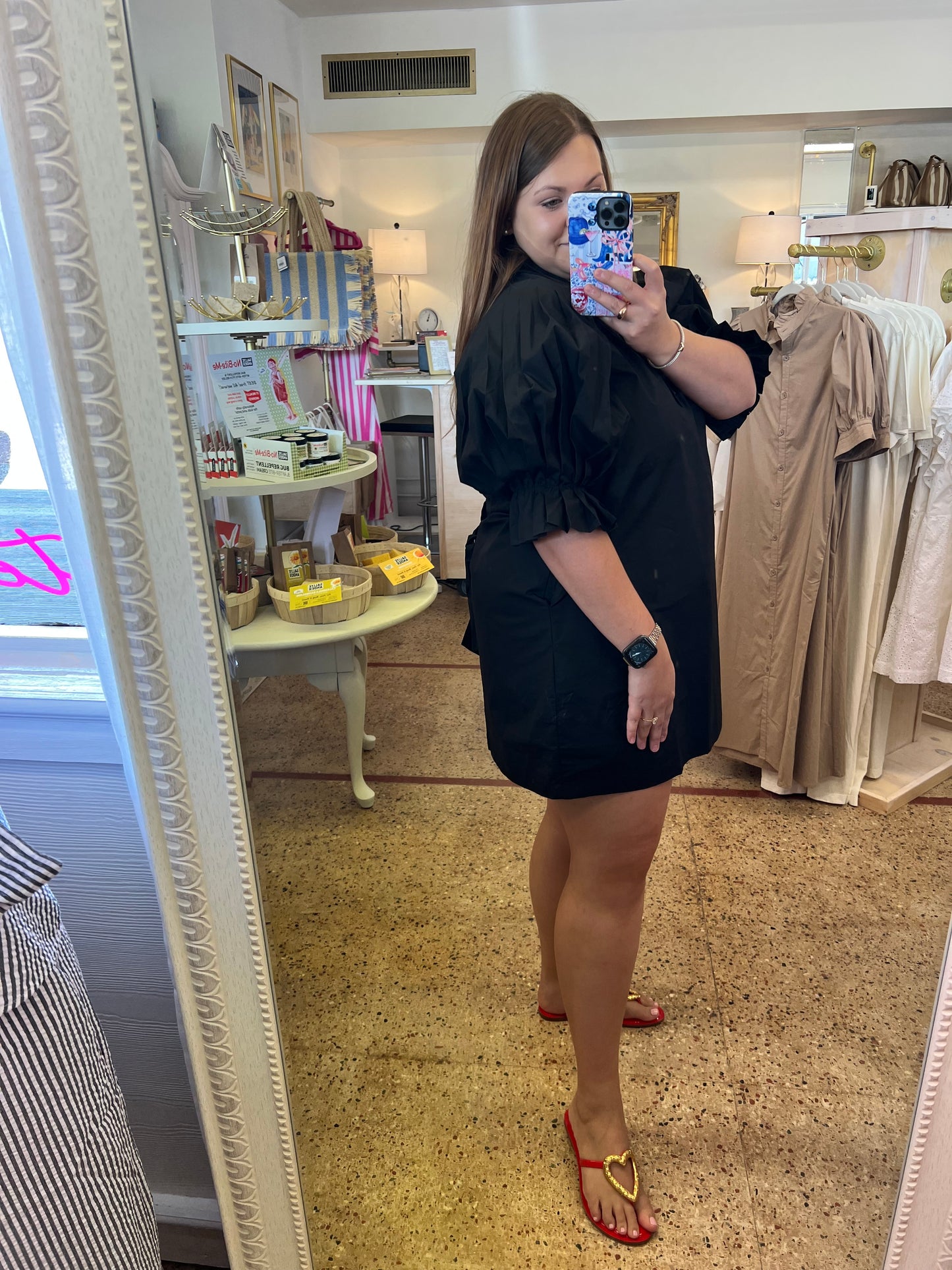 Black Poplin Pleated Sleeve Shirt Dress
