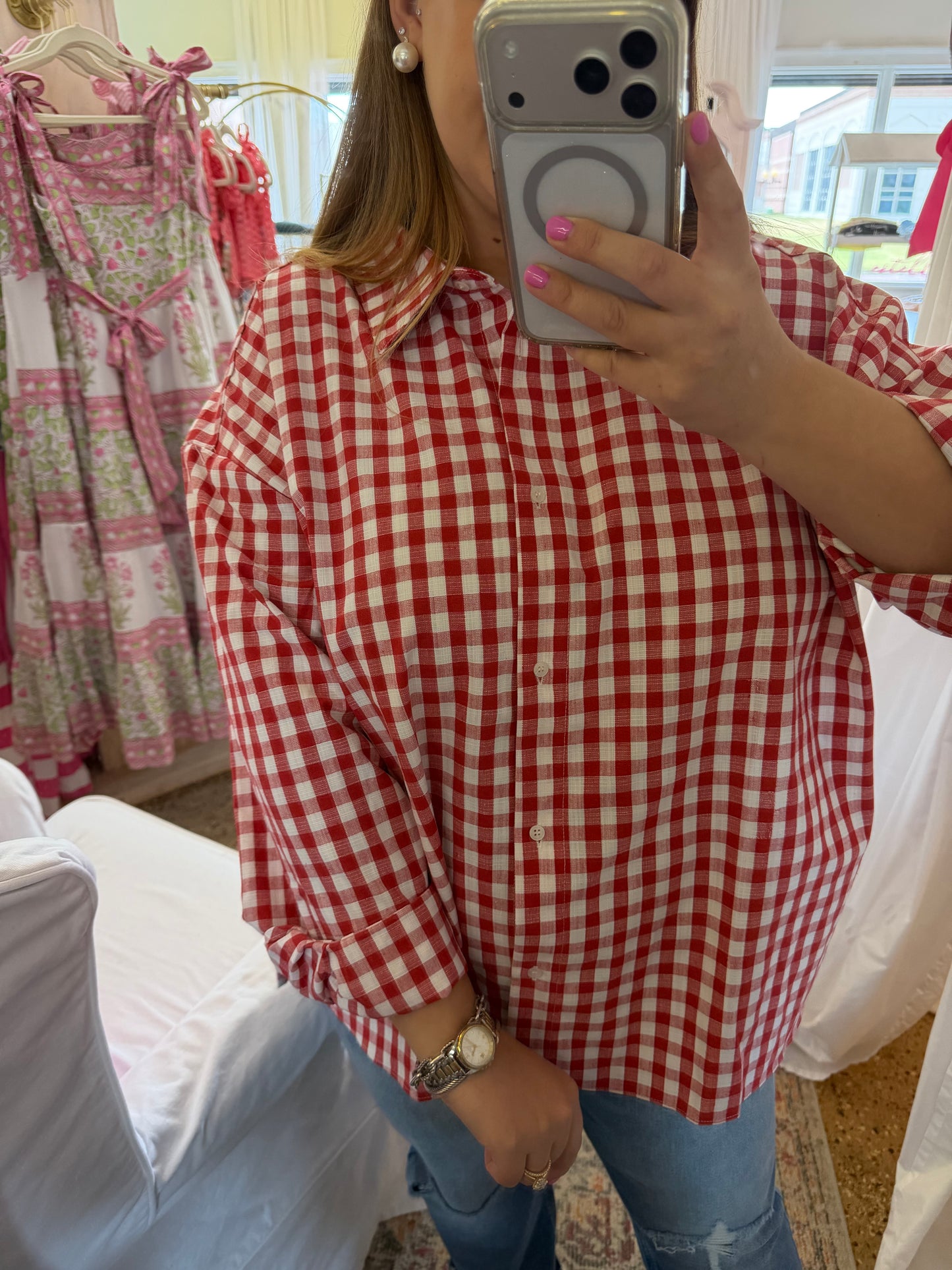Linen Blend Gingham Button Up-Red