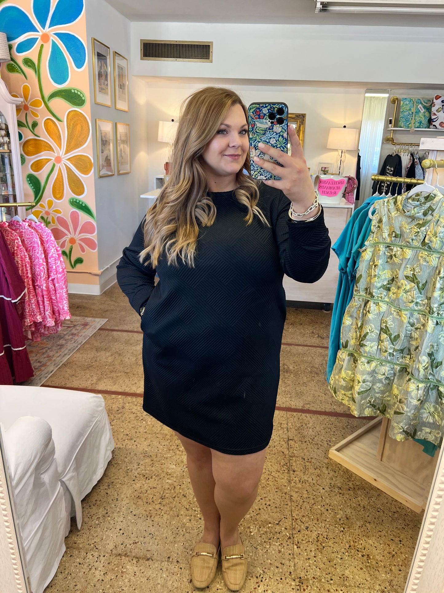 Textured Long Sleeve Shift Dress
