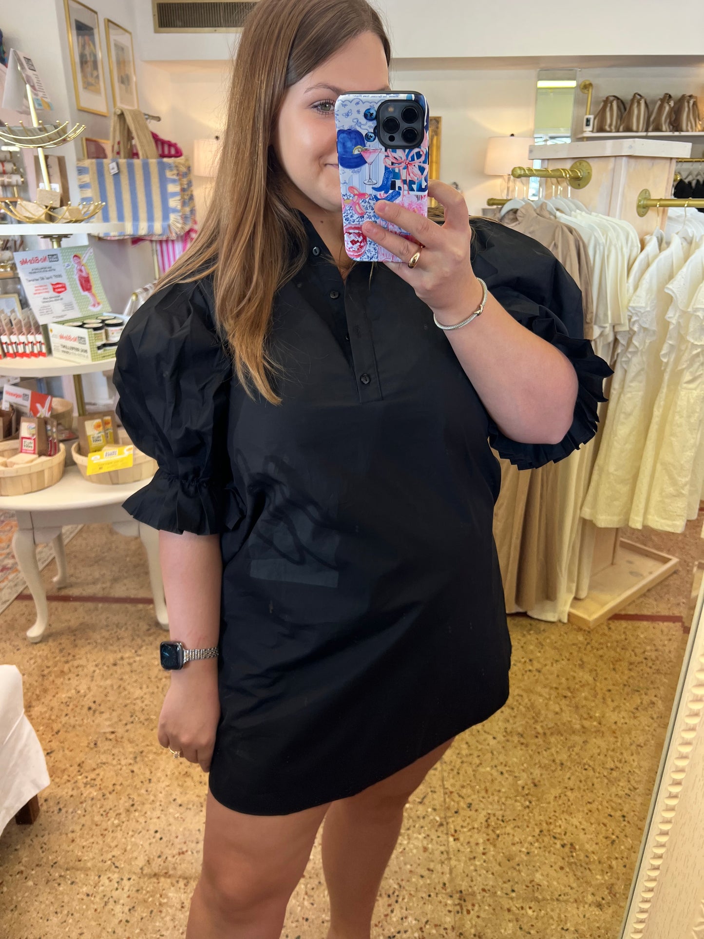Black Poplin Pleated Sleeve Shirt Dress