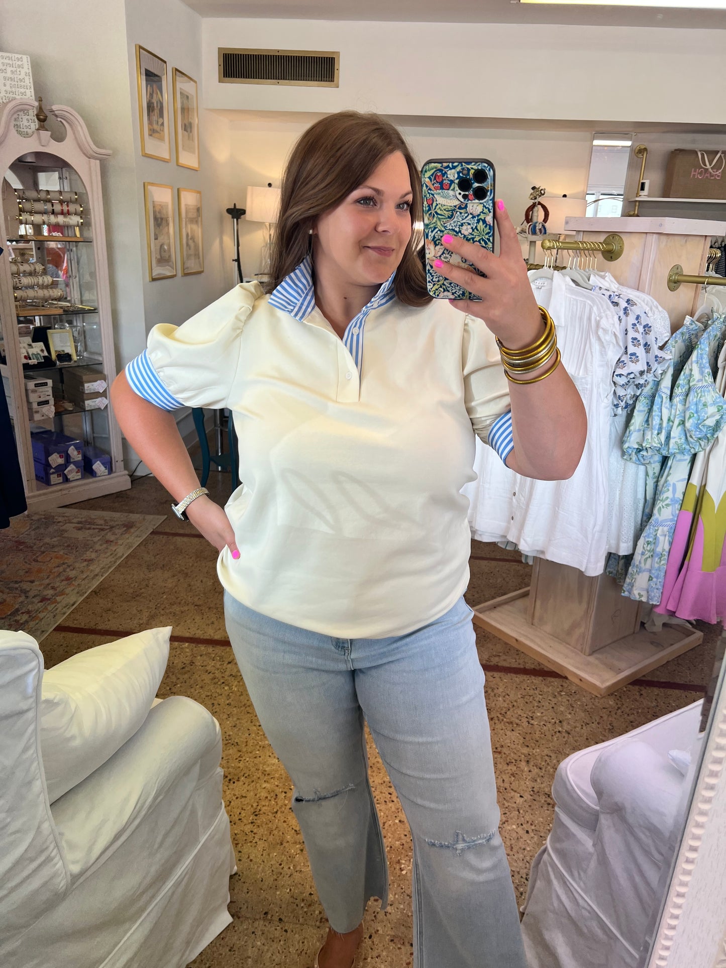 Cream & Stripe Polo Top