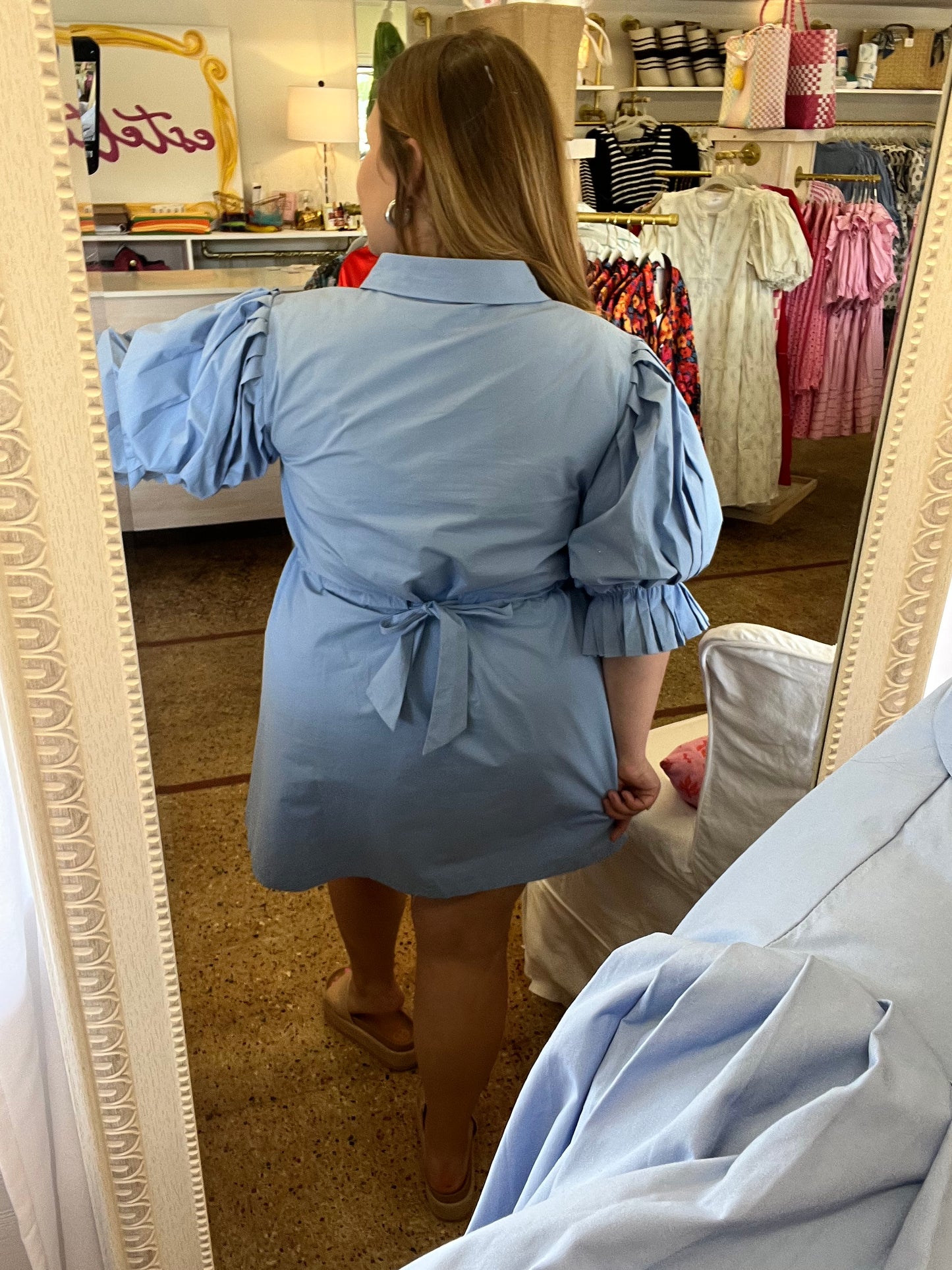Poplin Pleated Sleeve Shirt Dress