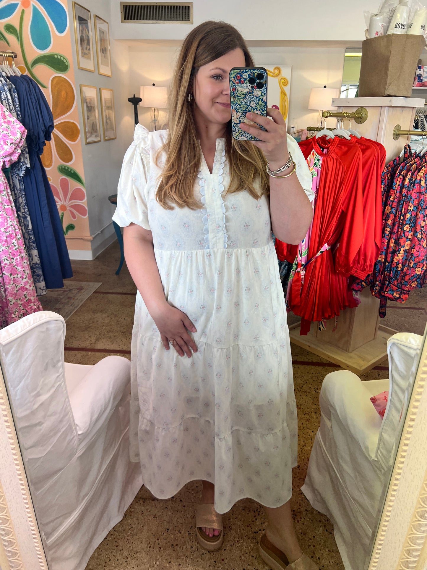 French Floral Scallop Trim Midi Dress
