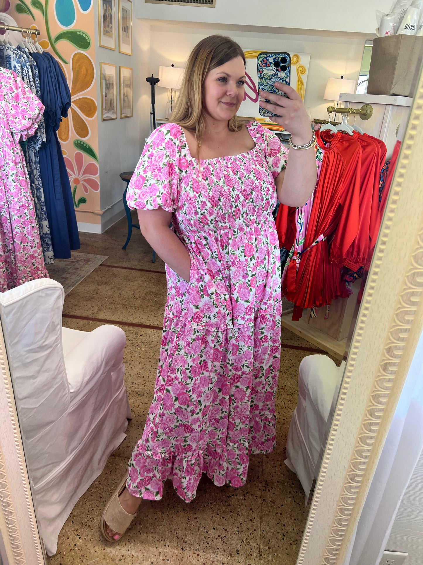 Plus Pink Floral Smocked Maxi