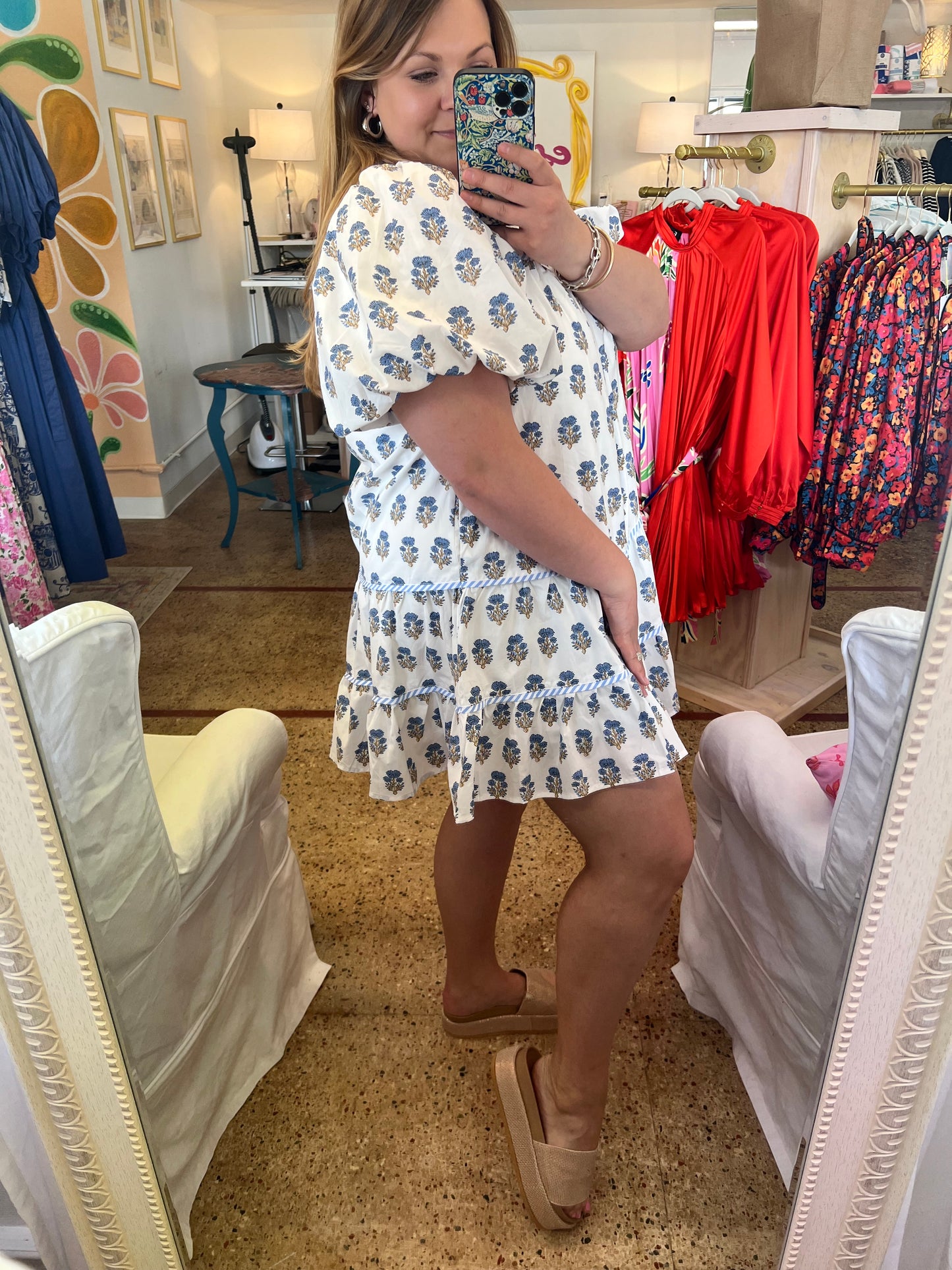 Smocked Yoke Dress Blue Flowers